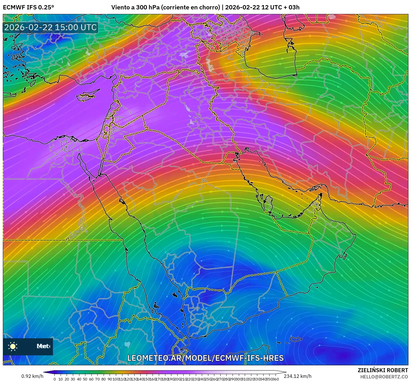 ECMWF IFS 0.25° model - Bliski Wschód, Wiatr na 300 hPa (prąd strumieniowy)