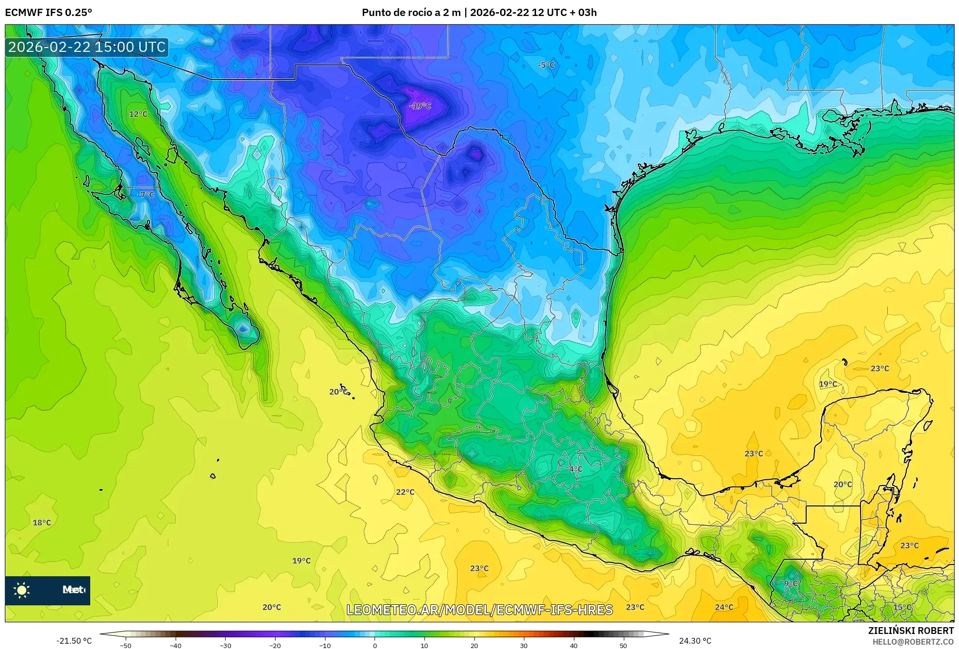 ECMWF IFS 0.25° model - Meksyk, Punkt rosy na 2 m