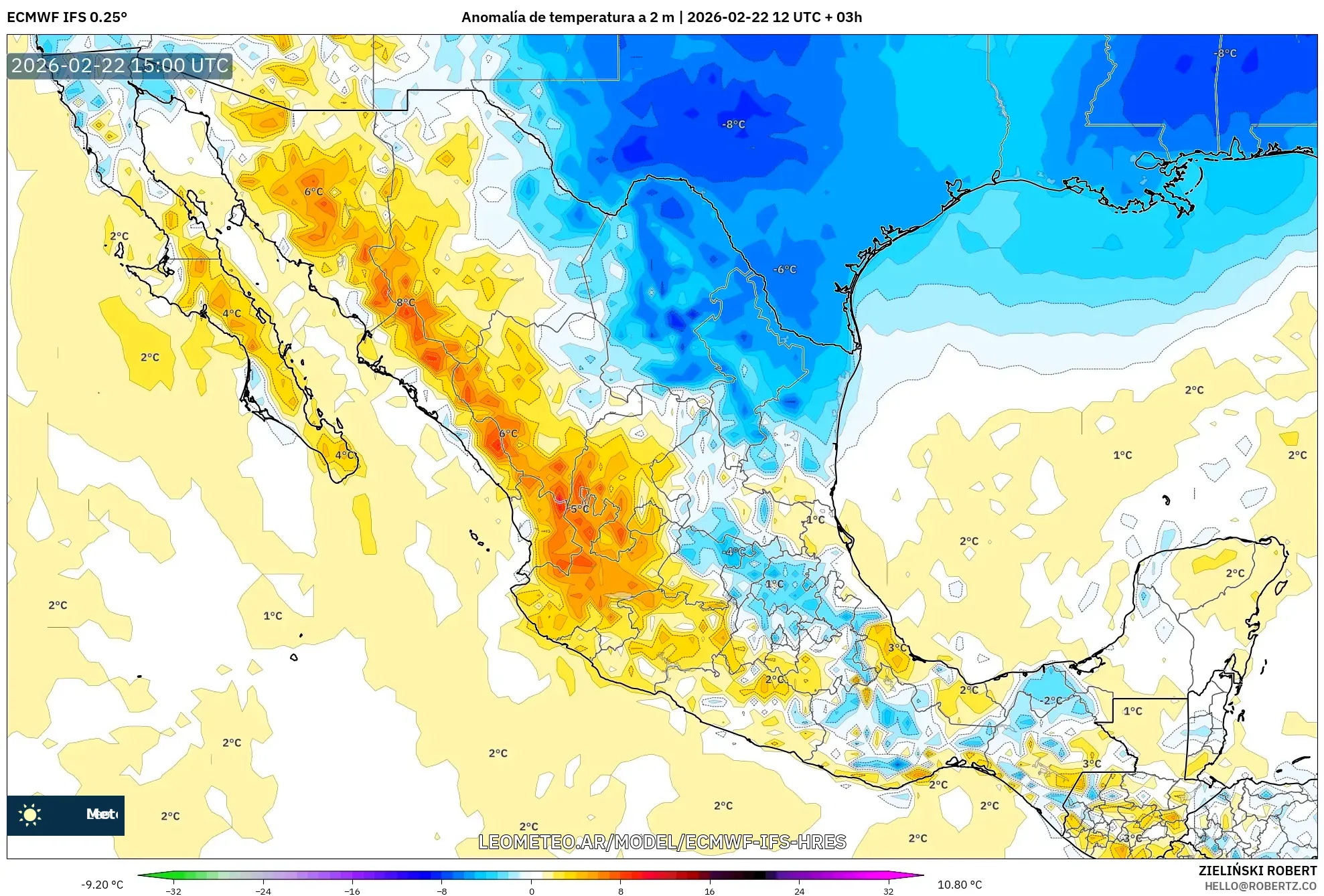 ECMWF IFS 0.25° model - Meksyk, Anomalia temperatury na 2 m