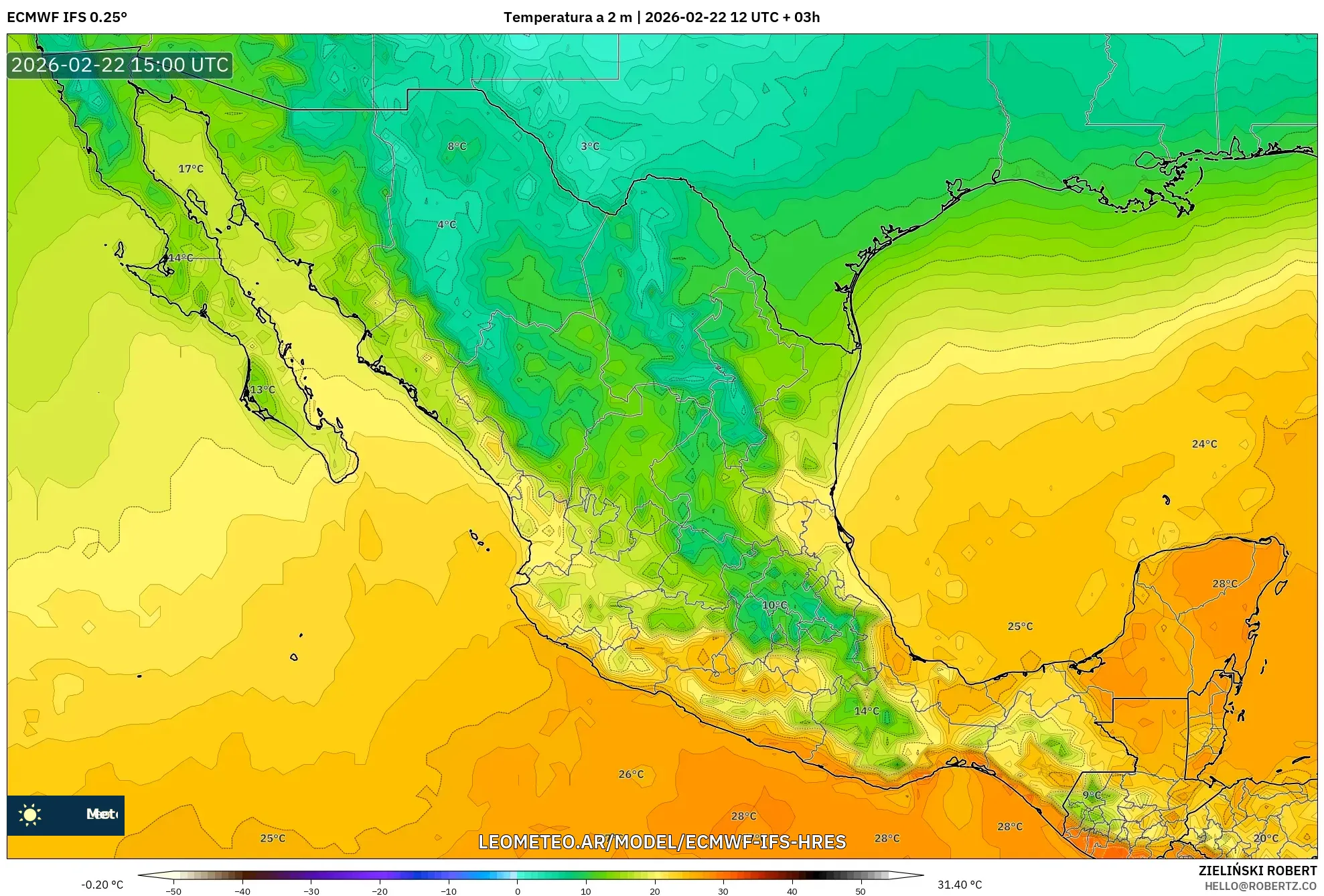 ECMWF IFS 0.25° model - Meksyk, Temperatura na 2 m