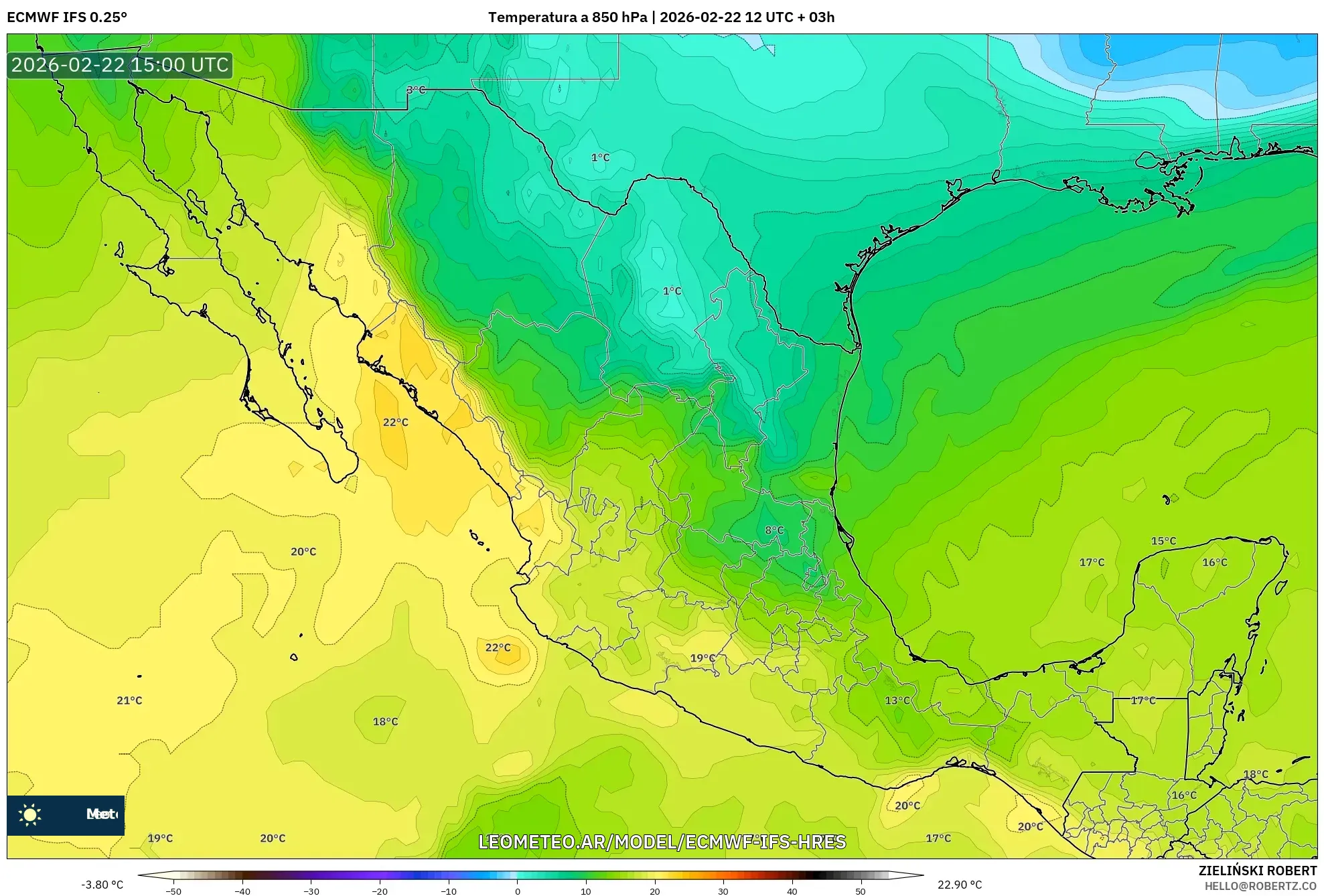 ECMWF IFS 0.25° model - Meksyk, Temperatura na 850 hPa