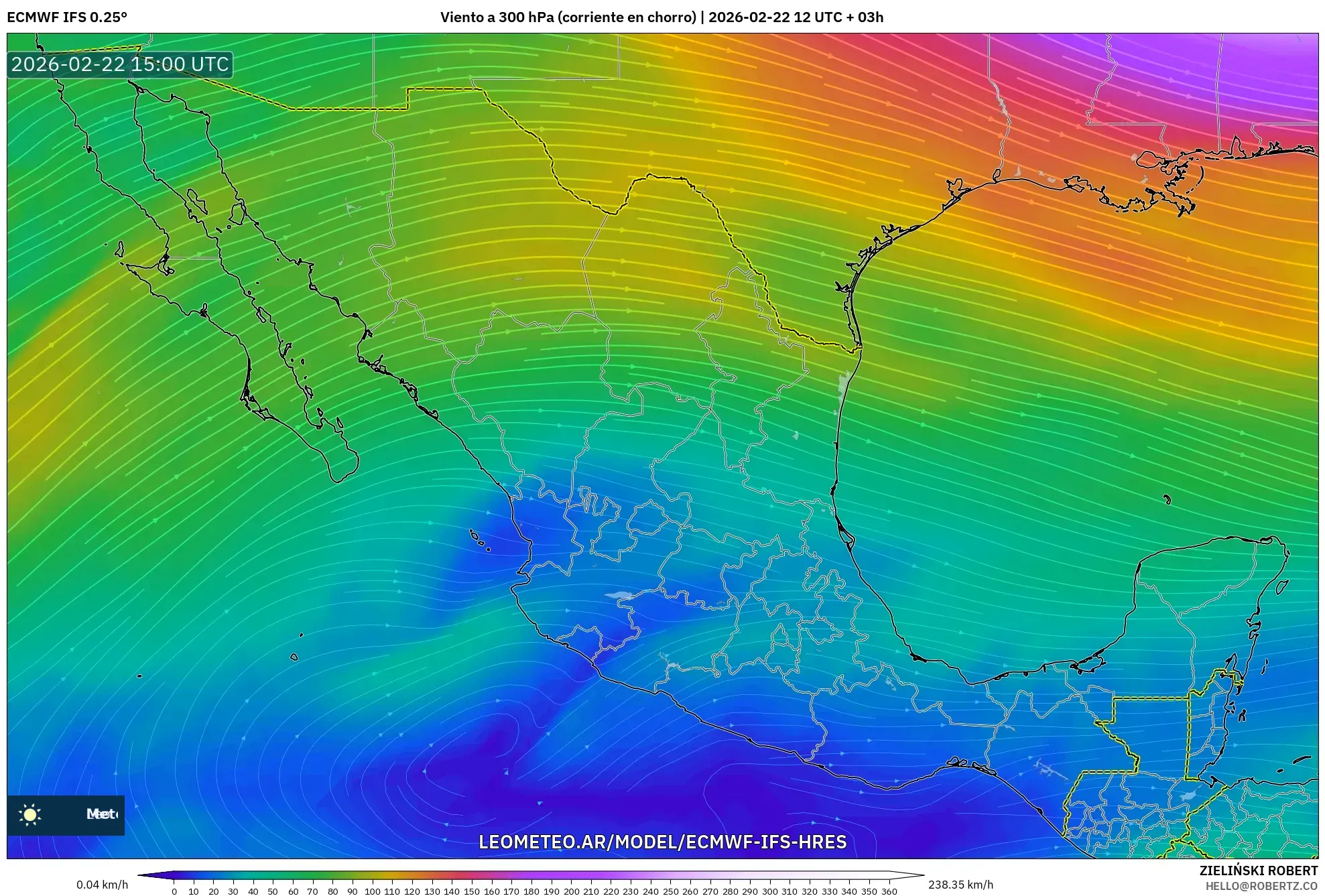 ECMWF IFS 0.25° model - Meksyk, Wiatr na 300 hPa (prąd strumieniowy)
