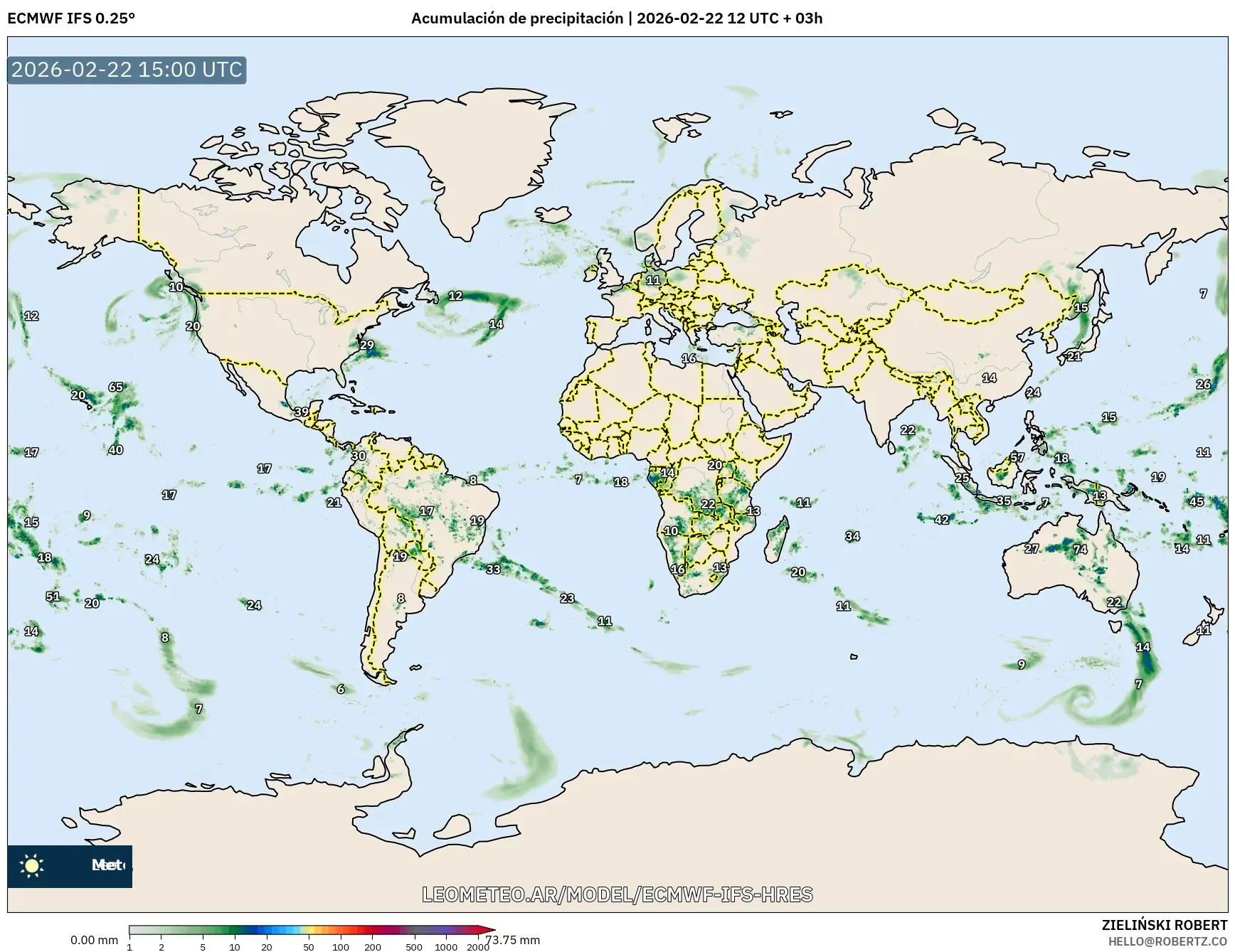 ECMWF IFS 0.25° model - Świat, Suma opadów