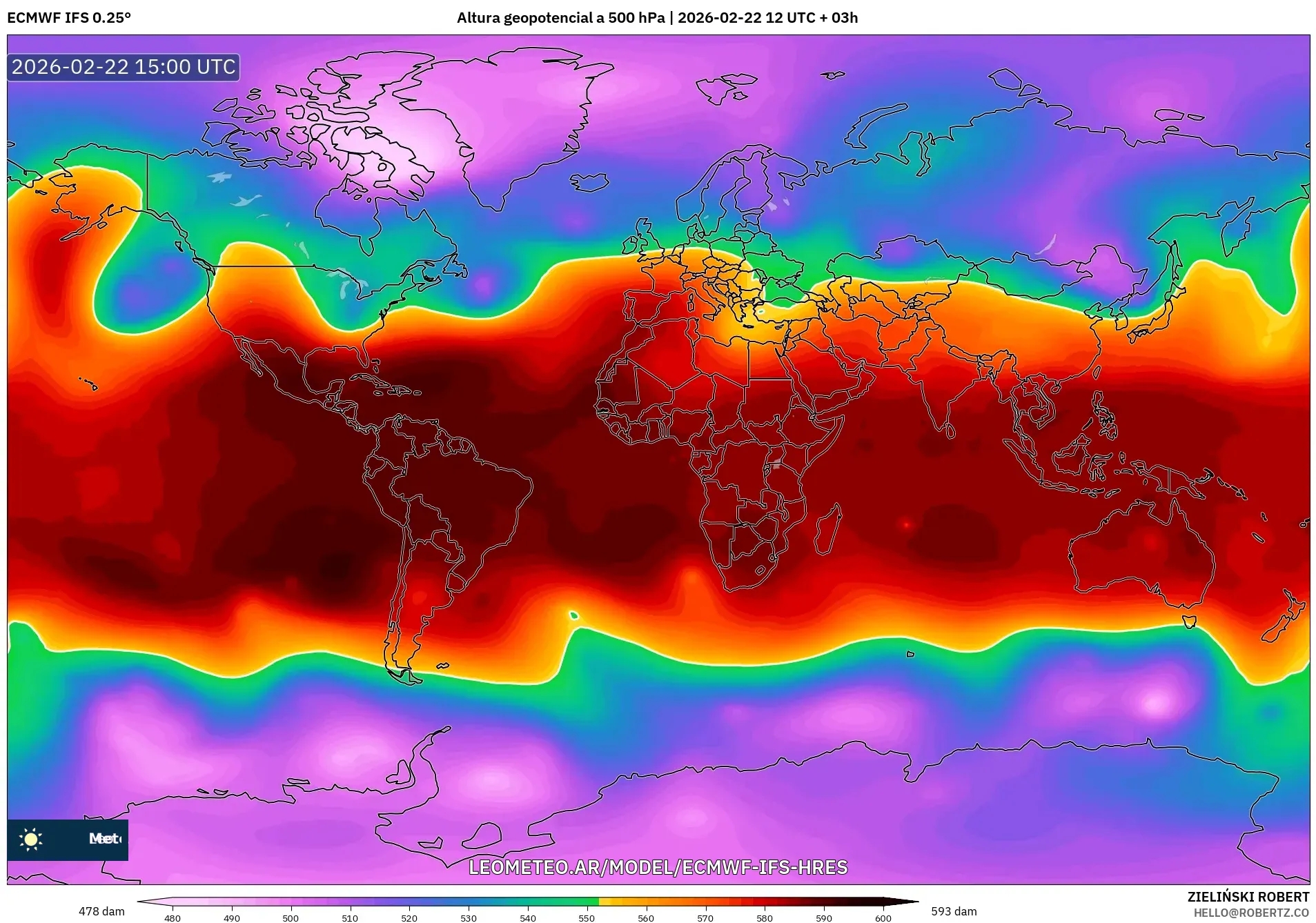 ECMWF IFS 0.25° model - Świat, Wysokość geopotencjalna na poziomie 500 hPa