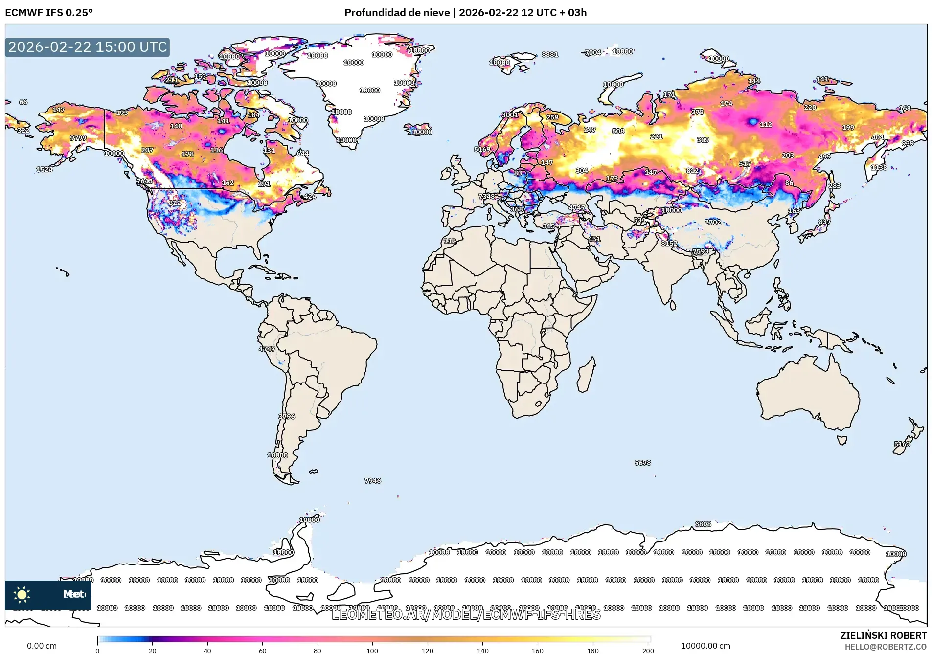 ECMWF IFS 0.25° model - Świat, Pokrywa śnieżna