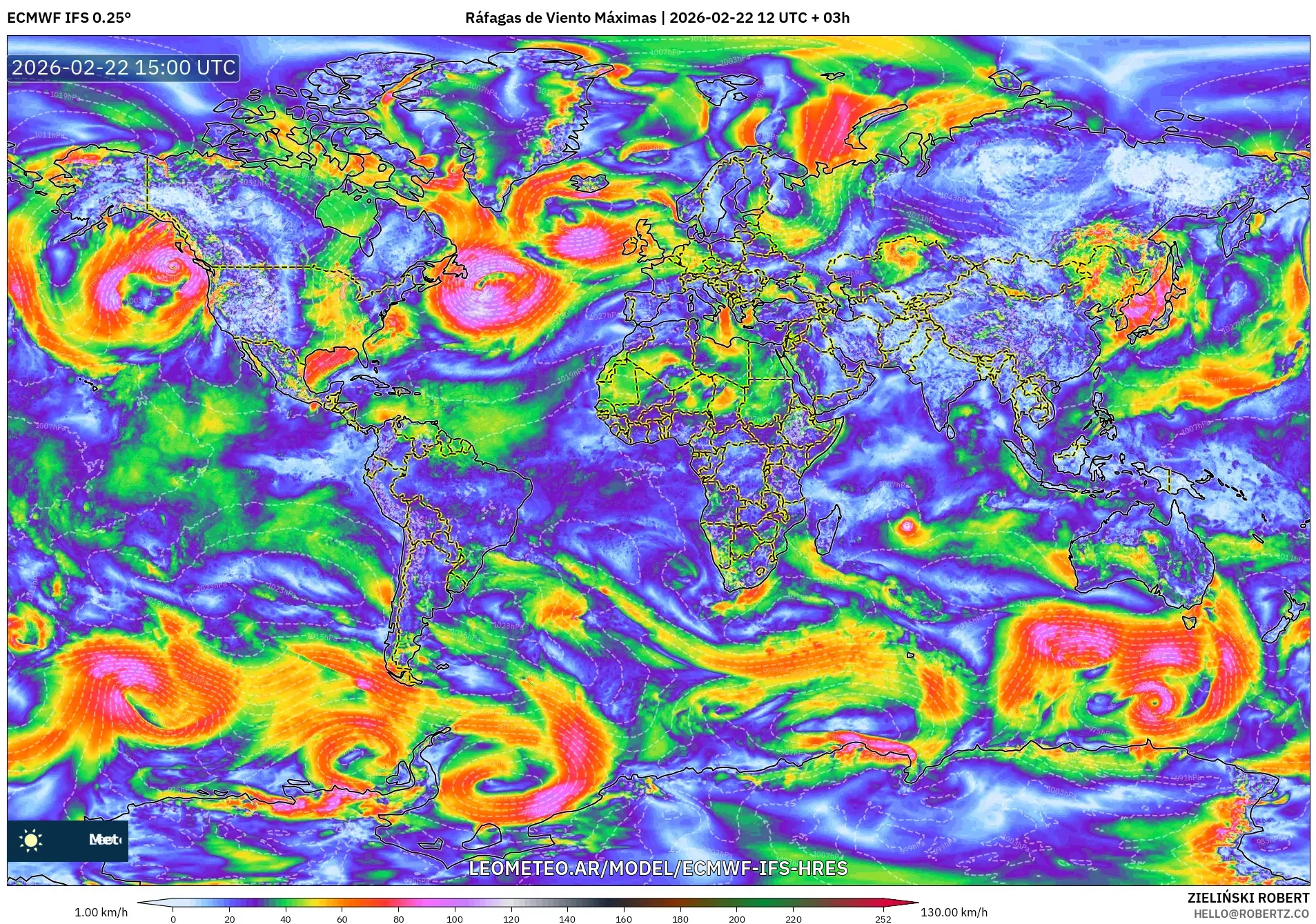 ECMWF IFS 0.25° model - Świat, Maksymalne Porywy Wiatru