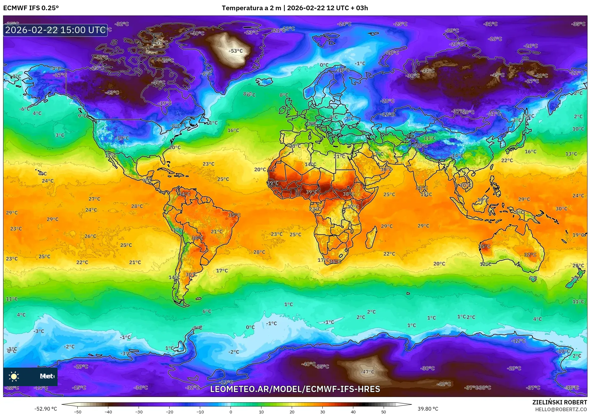 ECMWF IFS 0.25° model - Świat, Temperatura na 2 m
