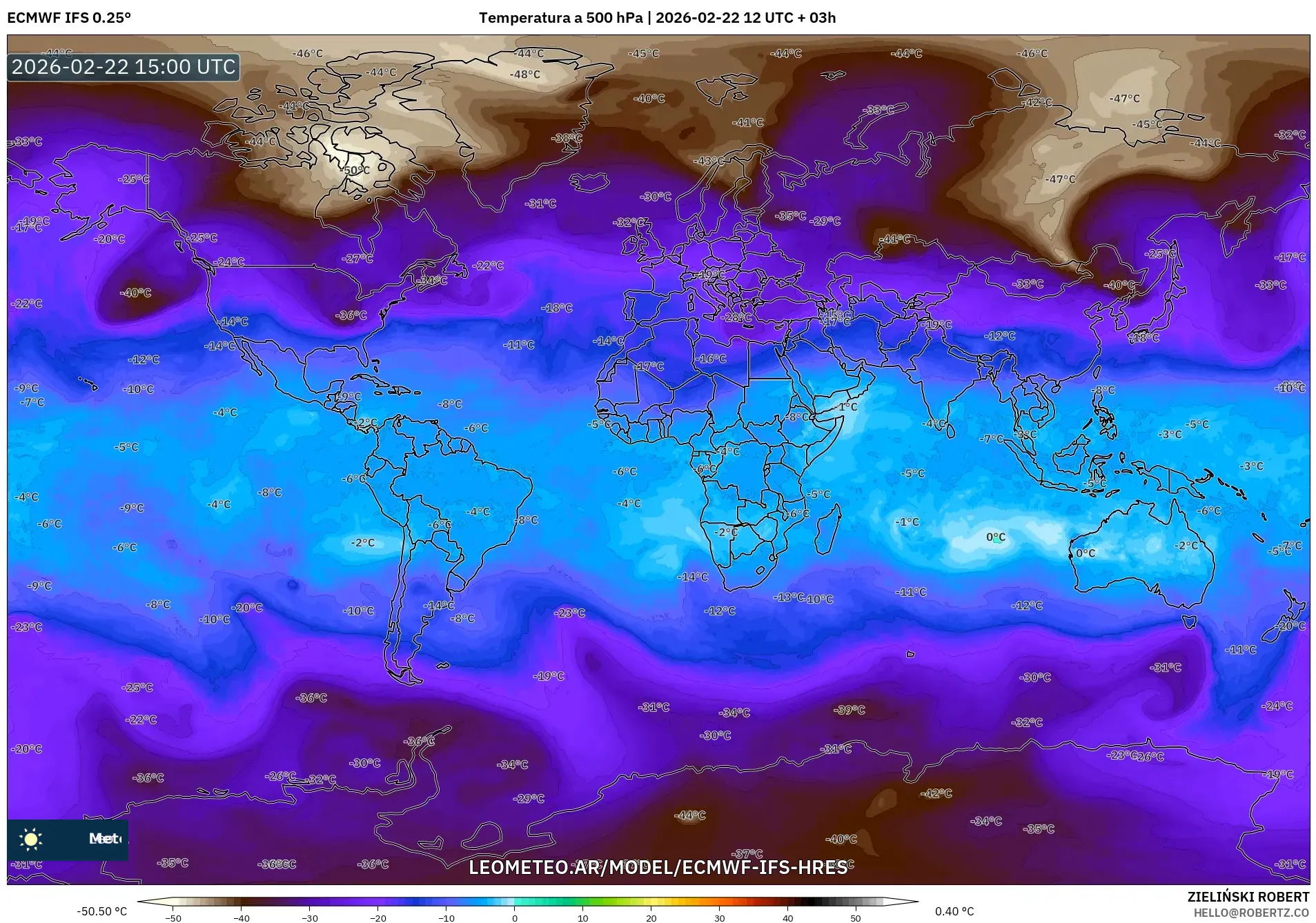 ECMWF IFS 0.25° model - Świat, Temperatura na 500 hPa