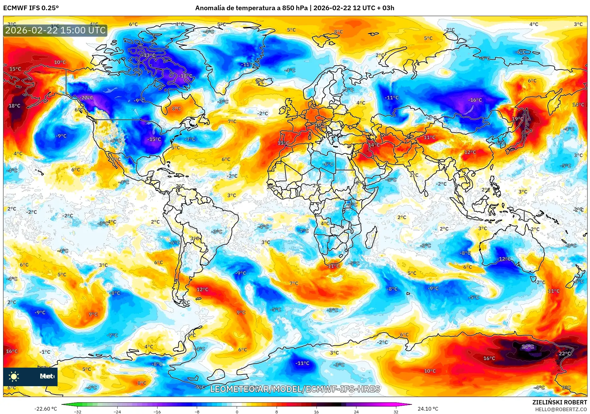 ECMWF IFS 0.25° model - Świat, Anomalia temperatury na 850 hPa
