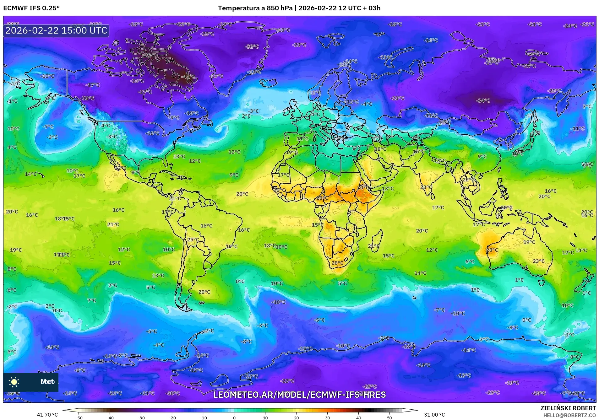 ECMWF IFS 0.25° model - Świat, Temperatura na 850 hPa