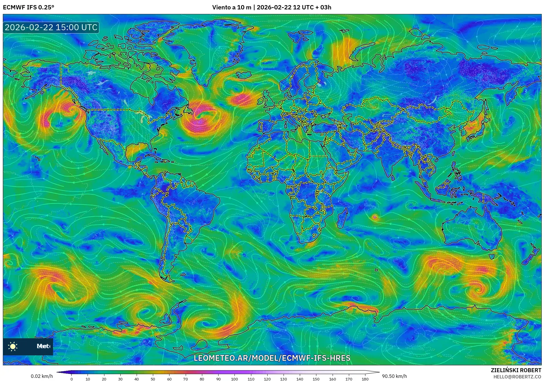 ECMWF IFS 0.25° model - Świat, Wiatr na 10 m