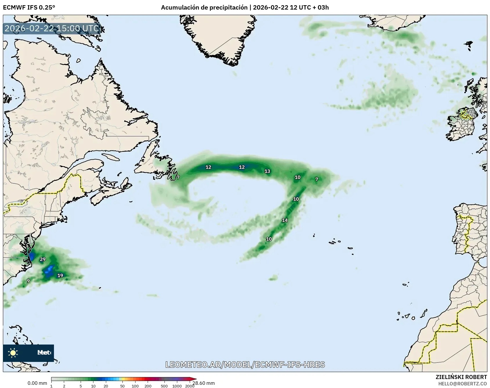 ECMWF IFS 0.25° model - Atlantyk Północny, Suma opadów