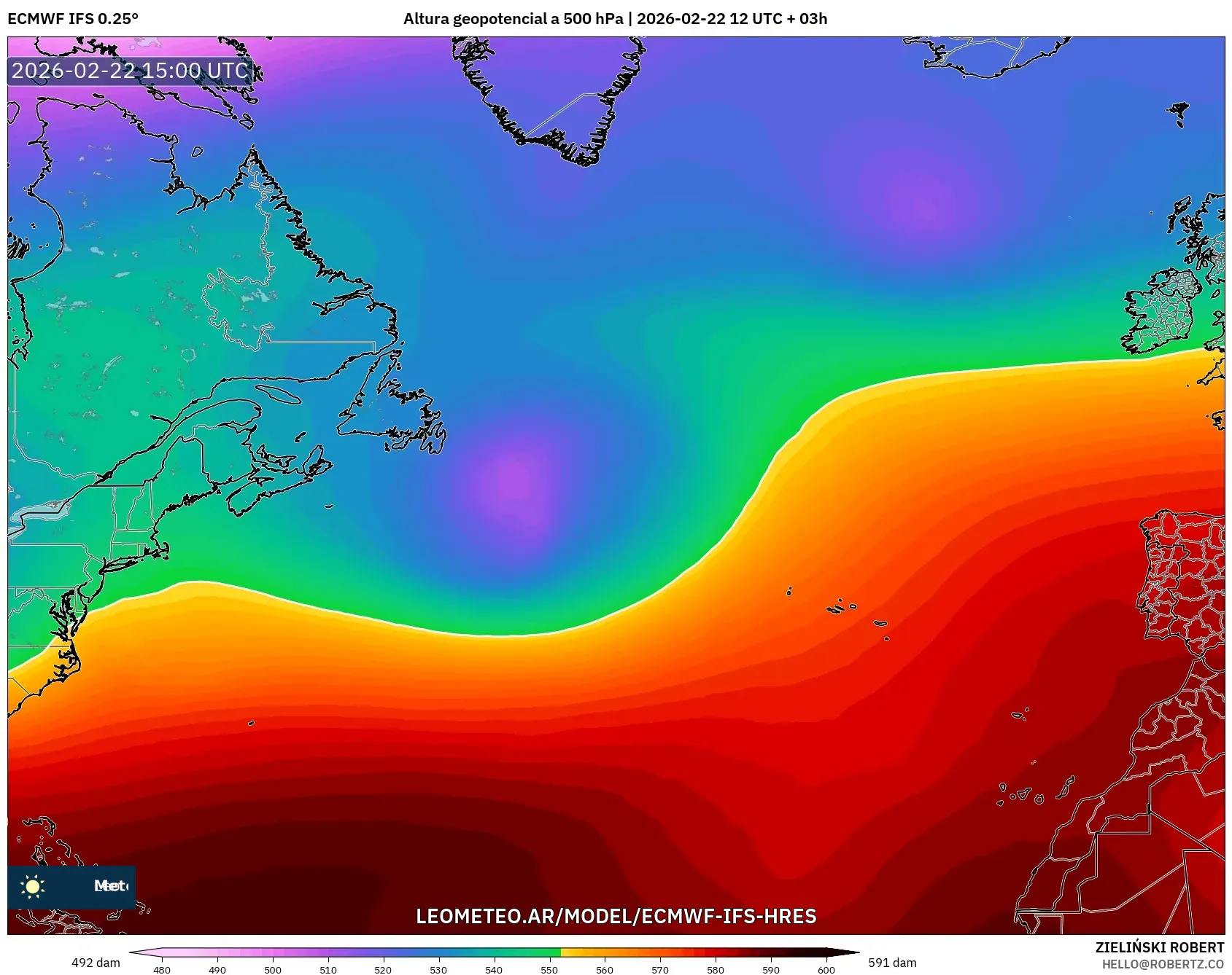 ECMWF IFS 0.25° model - Atlantyk Północny, Wysokość geopotencjalna na poziomie 500 hPa
