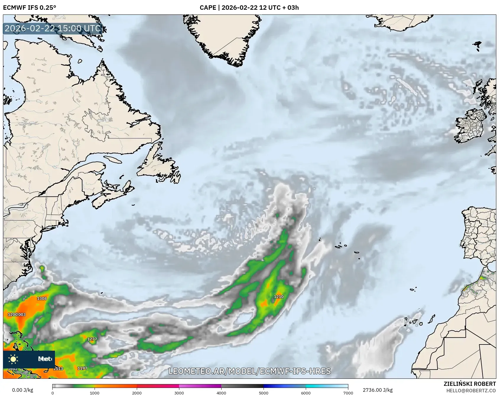 ECMWF IFS 0.25° model - Atlantyk Północny, CAPE