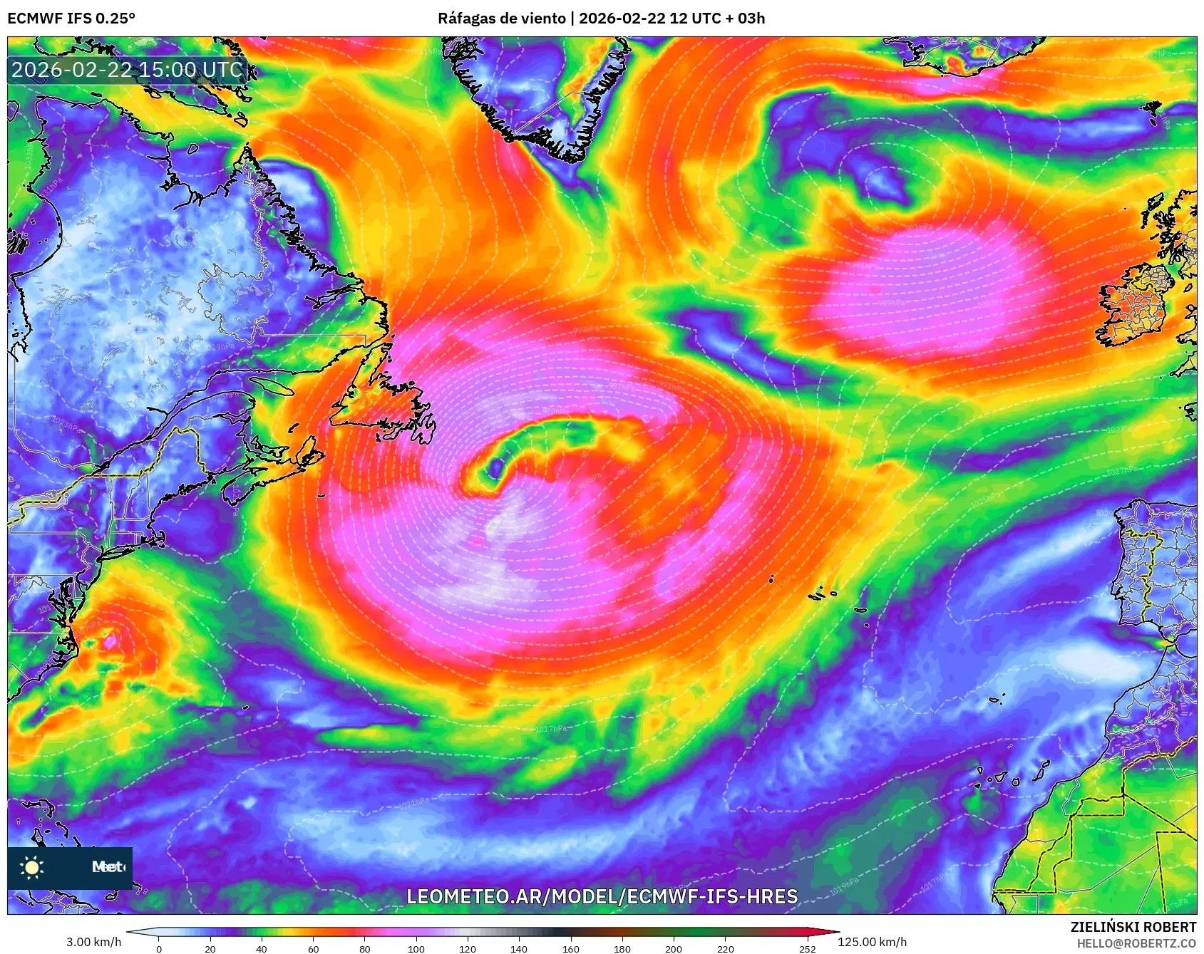 ECMWF IFS 0.25° model - Atlantyk Północny, Porywy wiatru