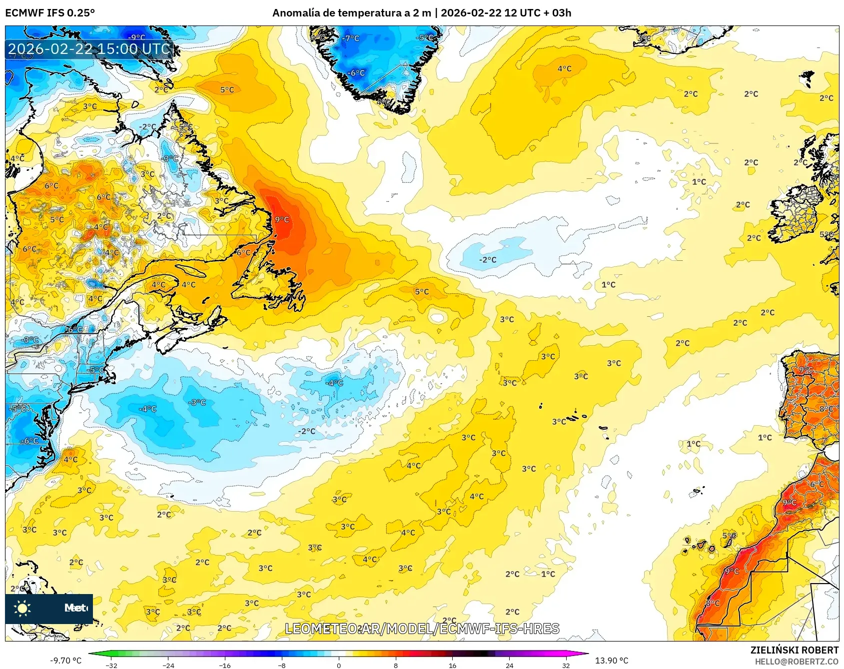 ECMWF IFS 0.25° model - Atlantyk Północny, Anomalia temperatury na 2 m
