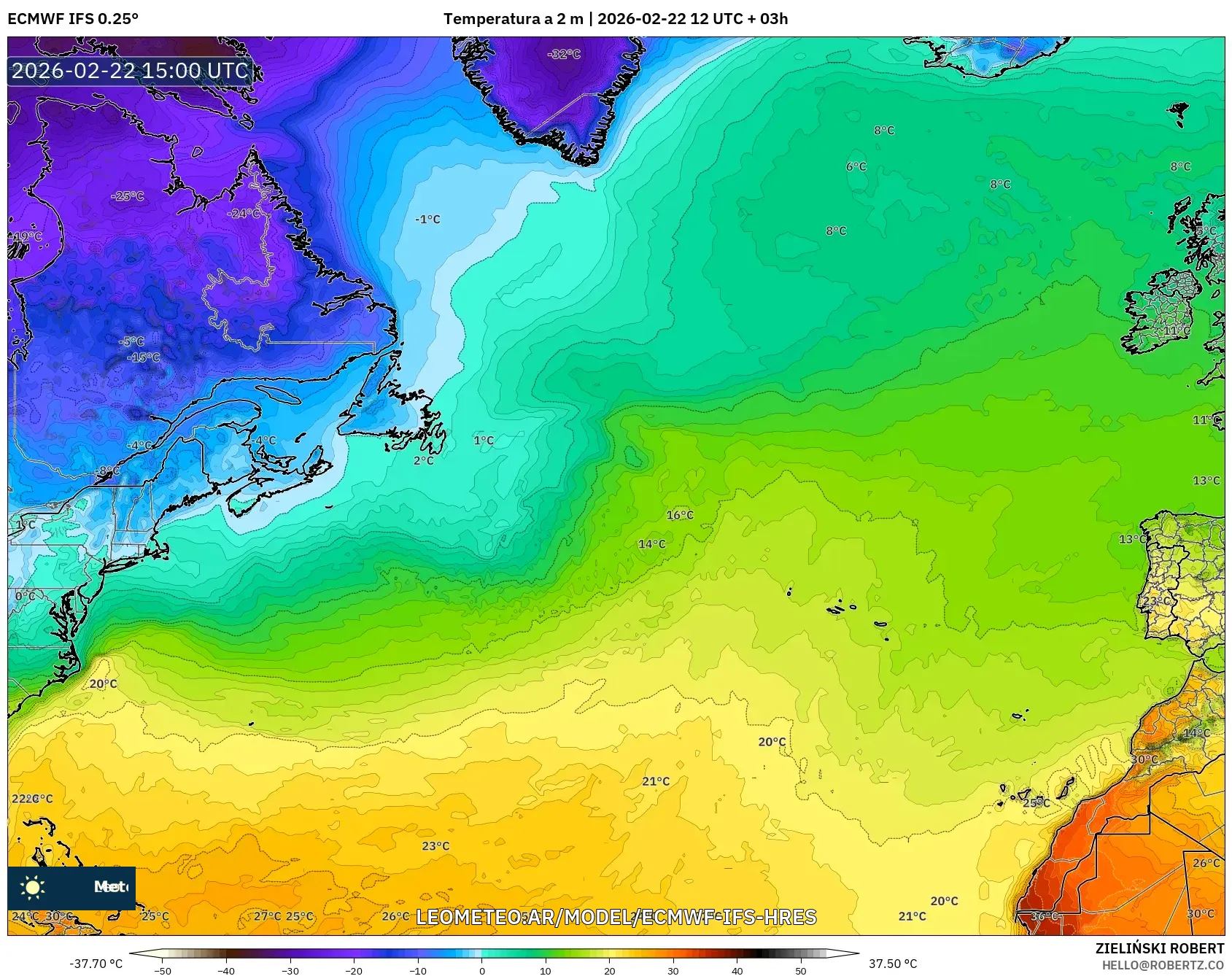 ECMWF IFS 0.25° model - Atlantyk Północny, Temperatura na 2 m
