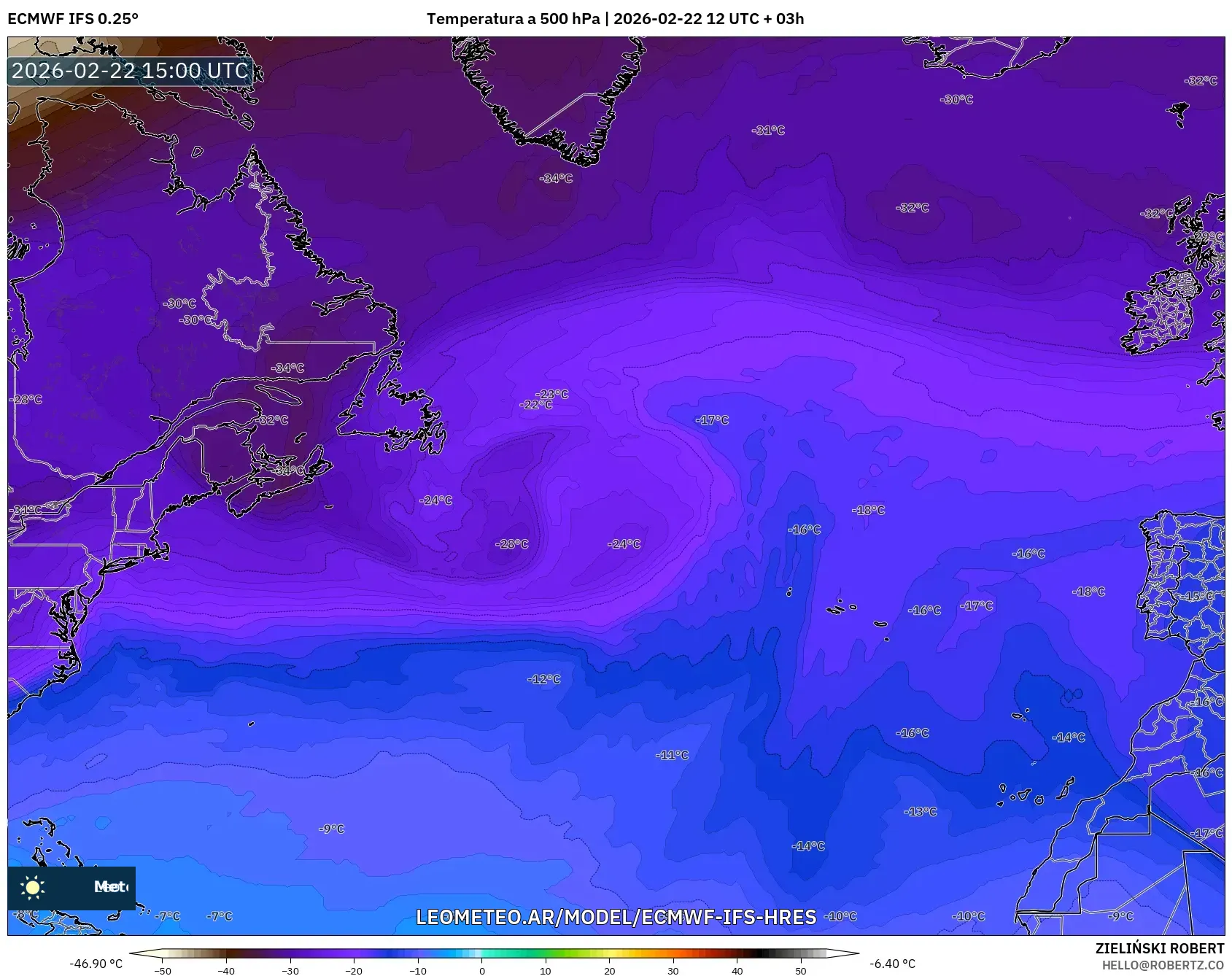 ECMWF IFS 0.25° model - Atlantyk Północny, Temperatura na 500 hPa