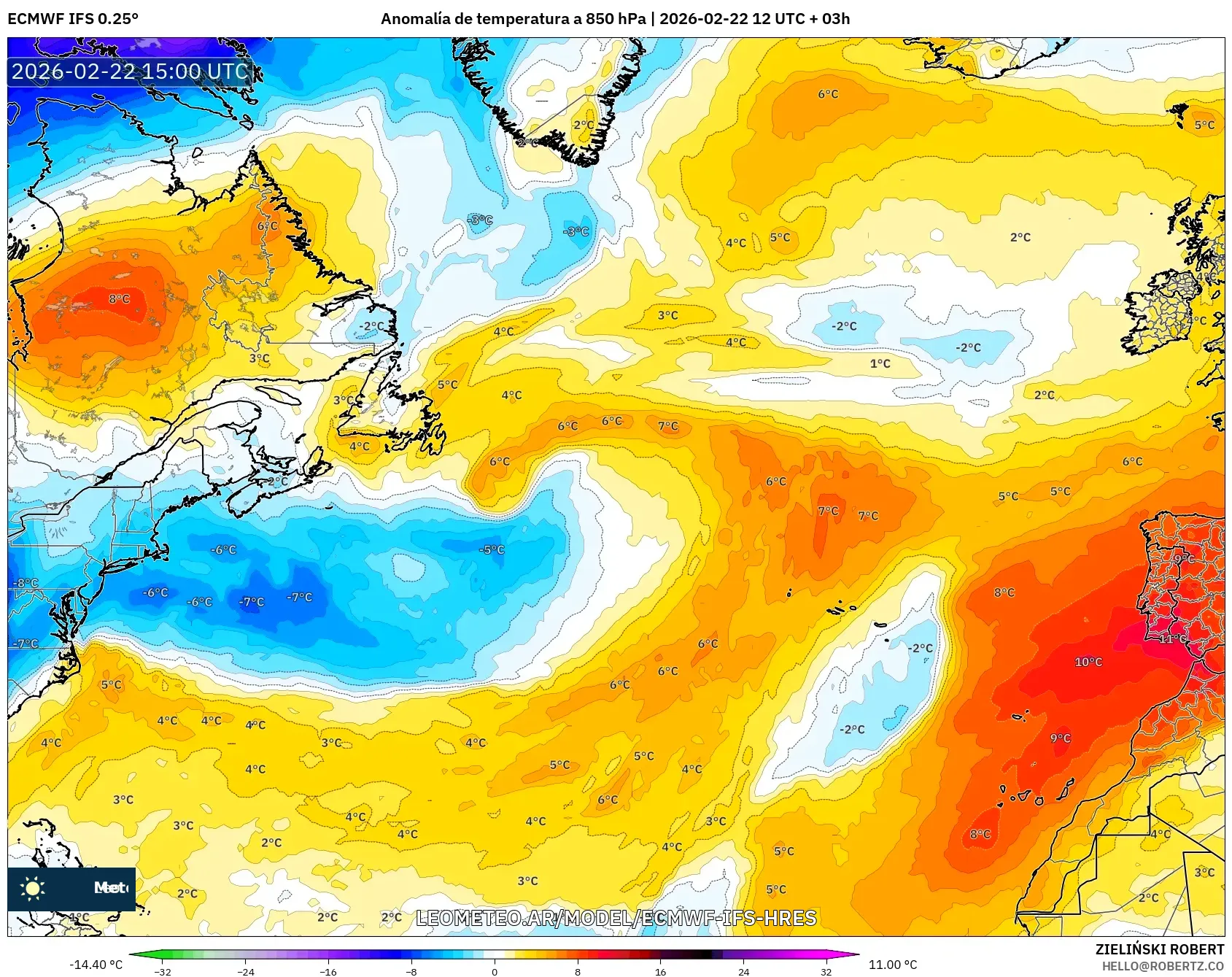 ECMWF IFS 0.25° model - Atlantyk Północny, Anomalia temperatury na 850 hPa