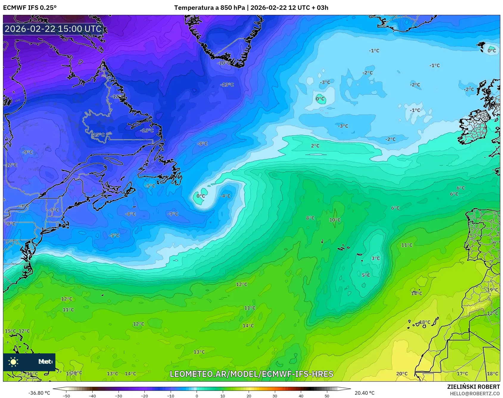 ECMWF IFS 0.25° model - Atlantyk Północny, Temperatura na 850 hPa
