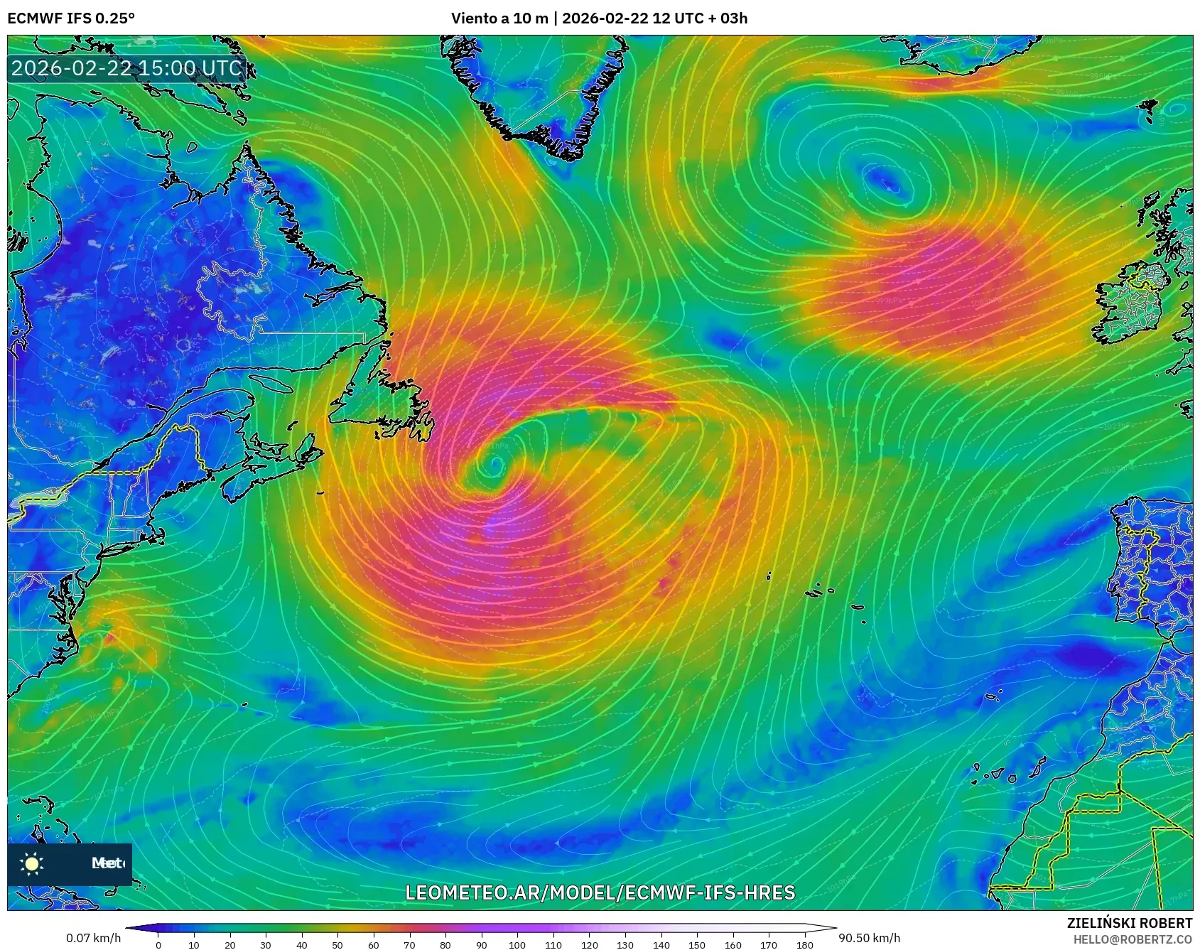 ECMWF IFS 0.25° model - Atlantyk Północny, Wiatr na 10 m