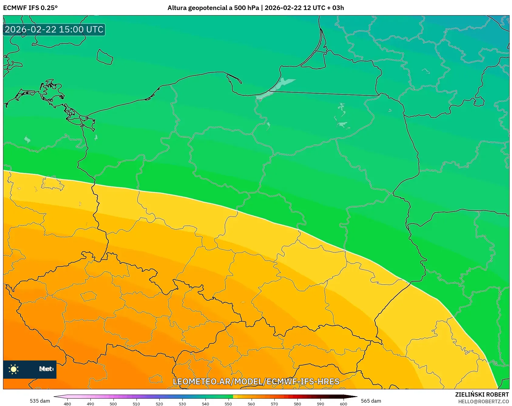 ECMWF IFS 0.25° model - Polska, Wysokość geopotencjalna na poziomie 500 hPa