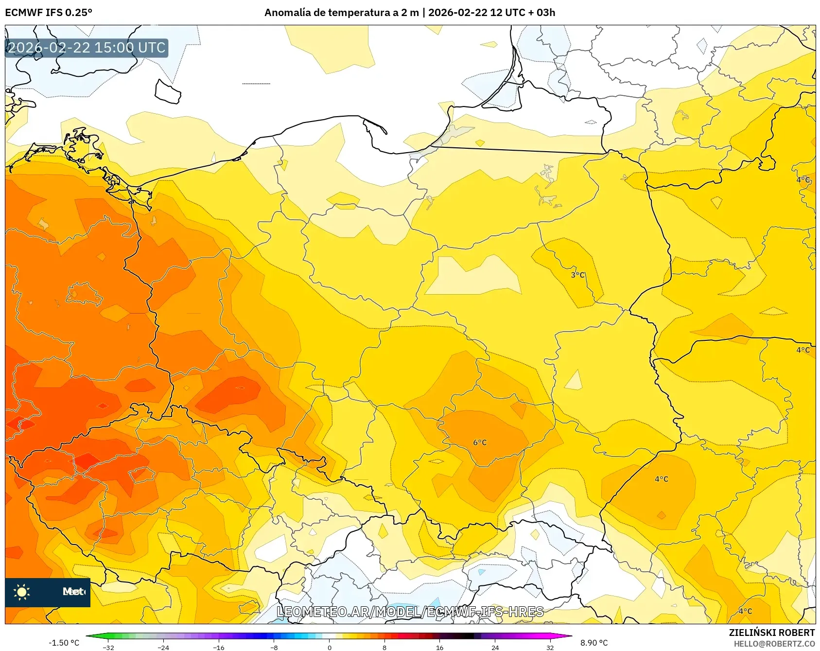 ECMWF IFS 0.25° model - Polska, Anomalia temperatury na 2 m
