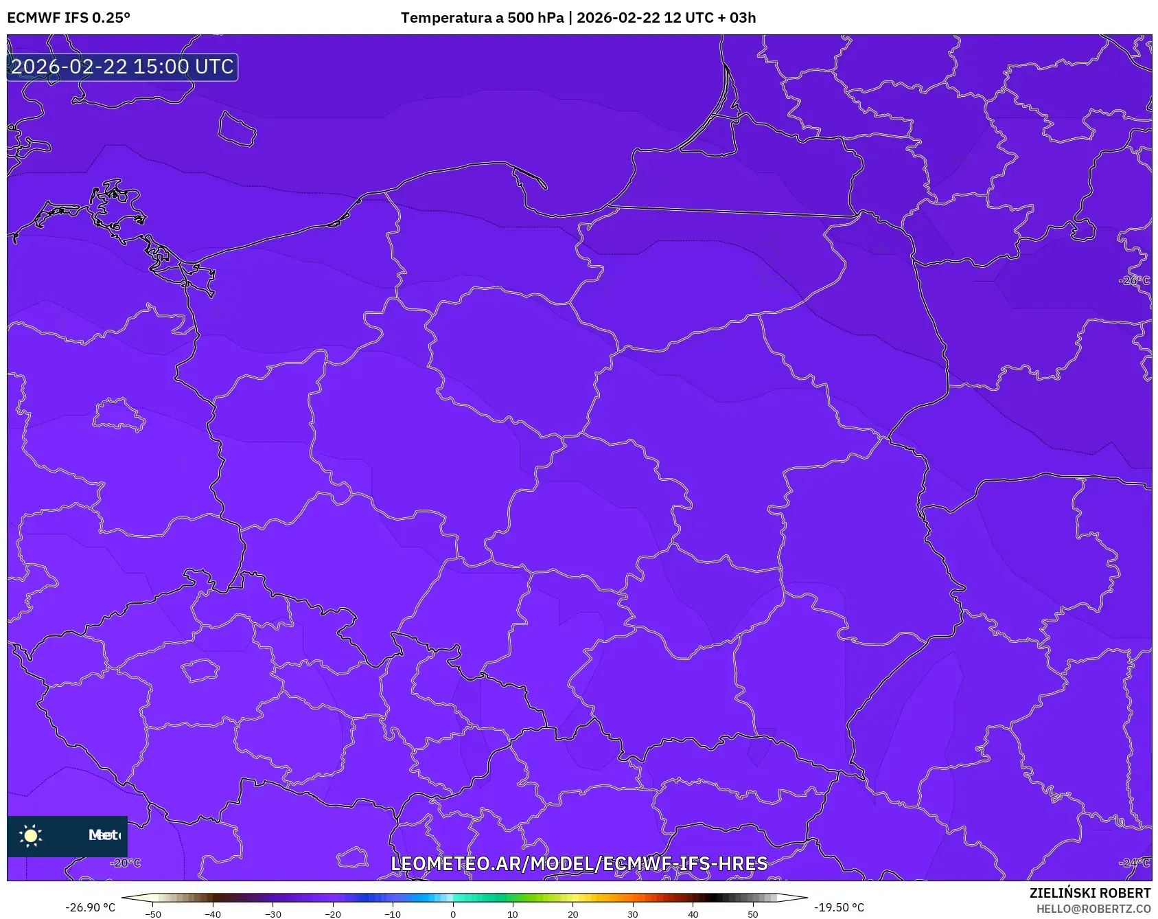 ECMWF IFS 0.25° model - Polska, Temperatura na 500 hPa