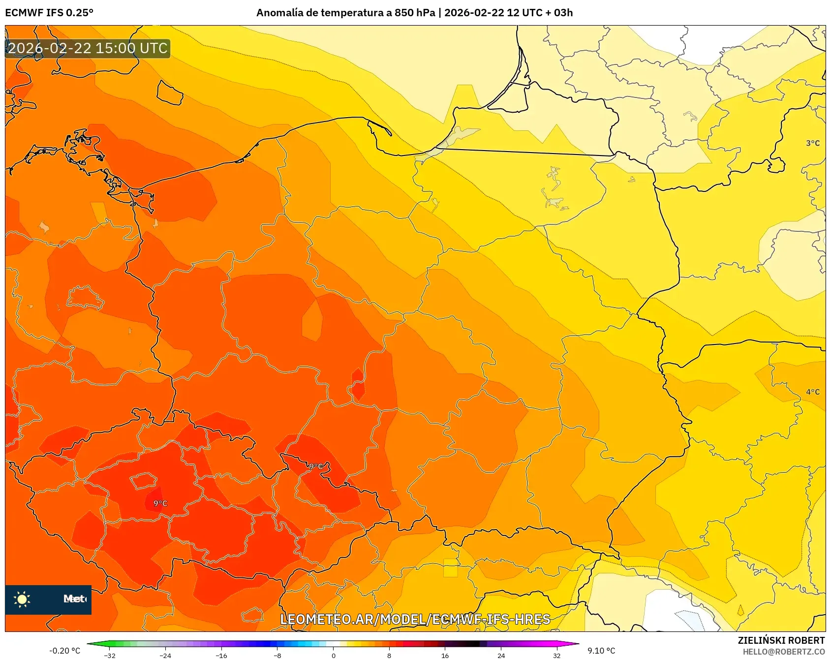 ECMWF IFS 0.25° model - Polska, Anomalia temperatury na 850 hPa
