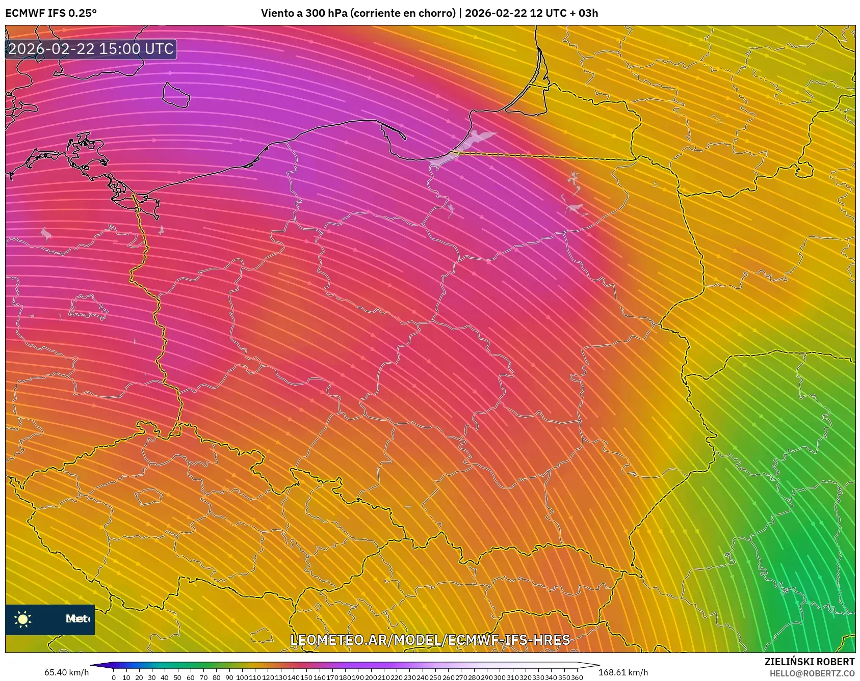 ECMWF IFS 0.25° model - Polska, Wiatr na 300 hPa (prąd strumieniowy)