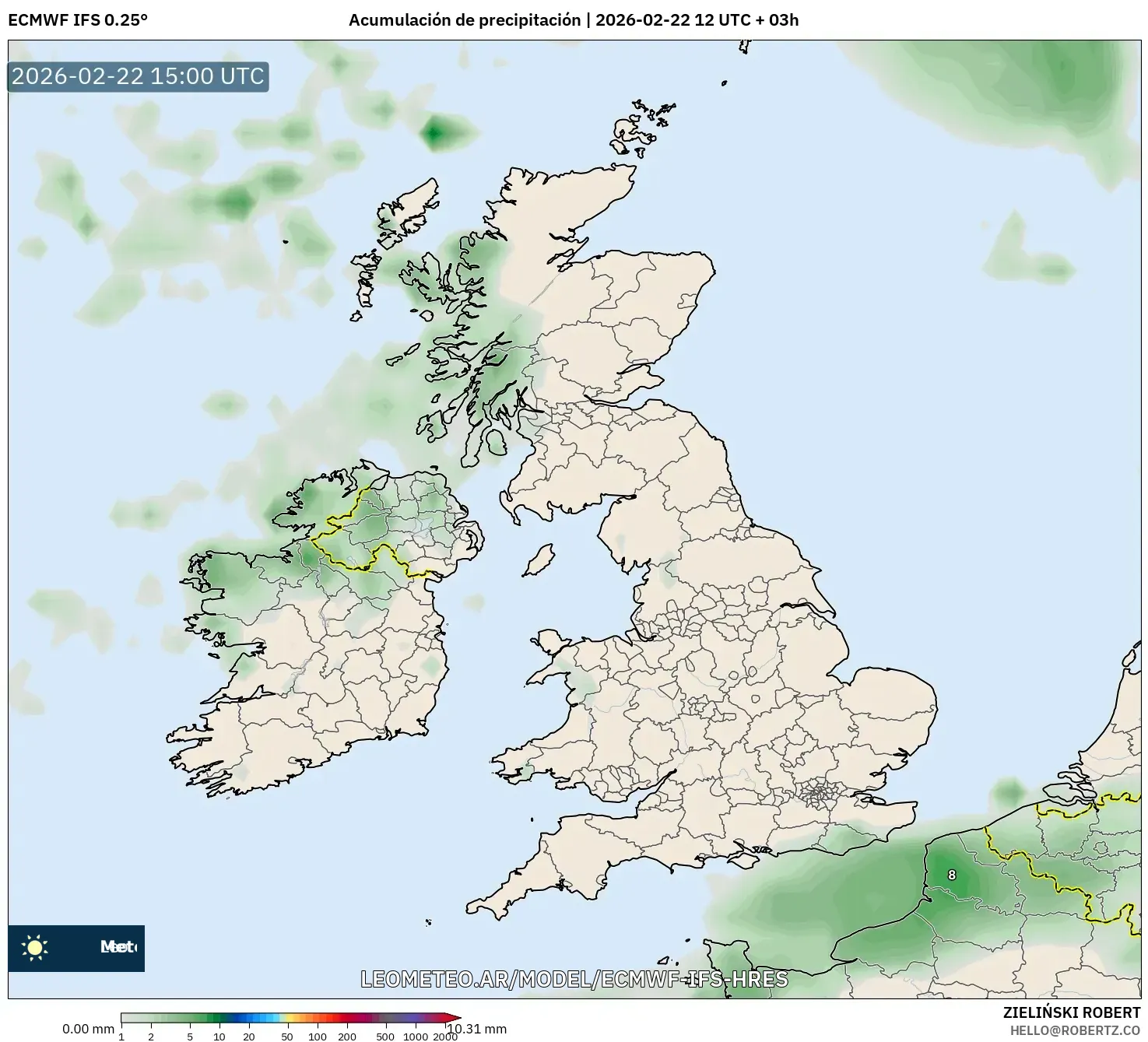 ECMWF IFS 0.25° model - Wielka Brytania, Suma opadów