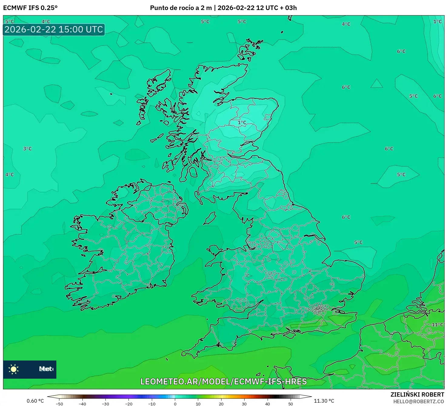 ECMWF IFS 0.25° model - Wielka Brytania, Punkt rosy na 2 m