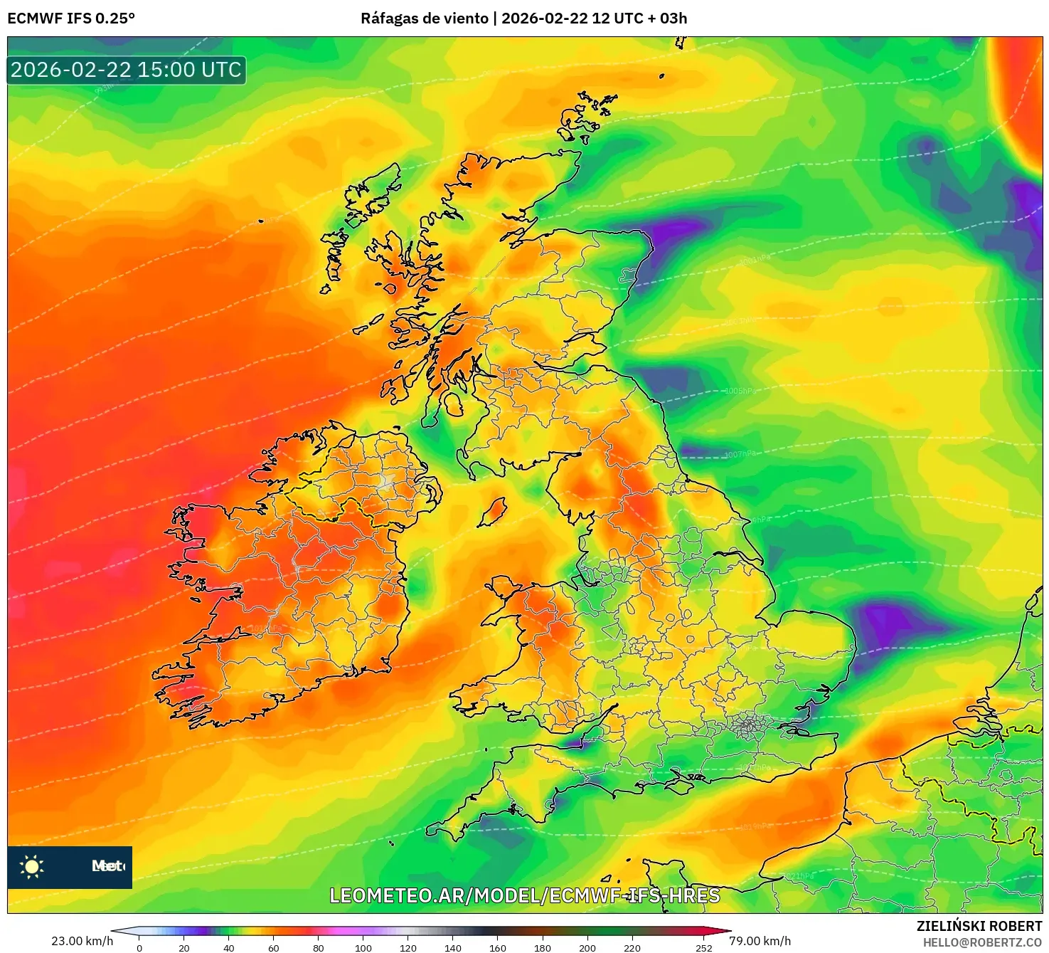ECMWF IFS 0.25° model - Wielka Brytania, Porywy wiatru