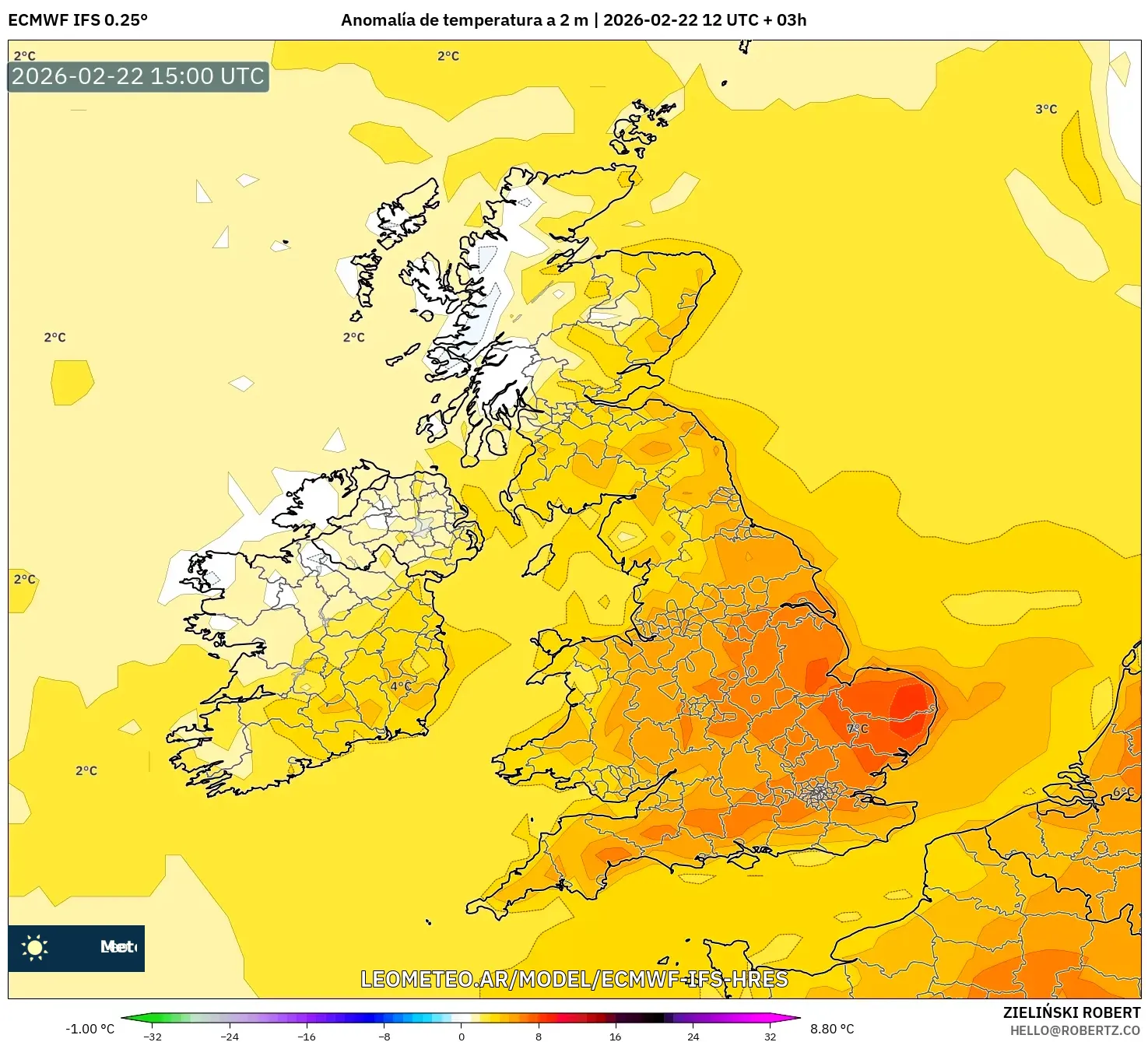 ECMWF IFS 0.25° model - Wielka Brytania, Anomalia temperatury na 2 m