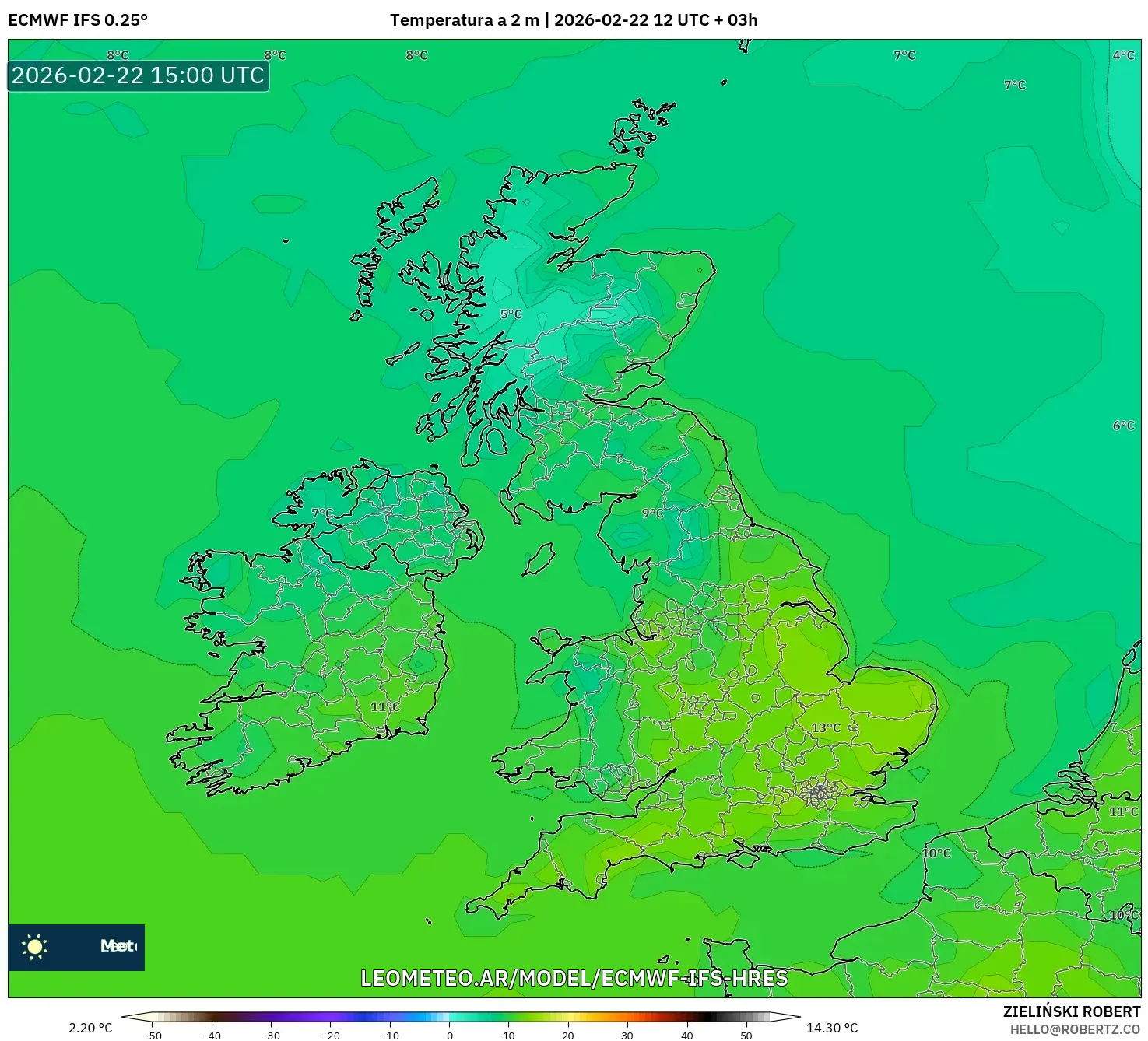 ECMWF IFS 0.25° model - Wielka Brytania, Temperatura na 2 m