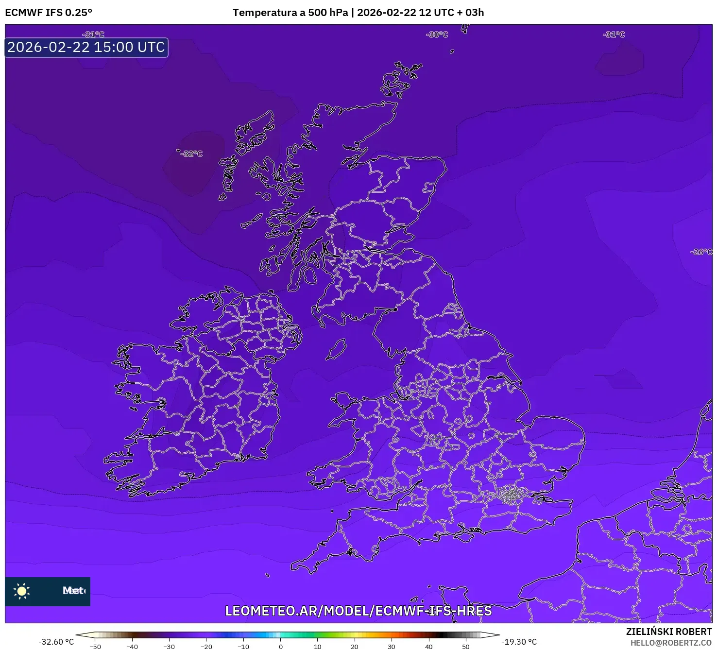 ECMWF IFS 0.25° model - Wielka Brytania, Temperatura na 500 hPa