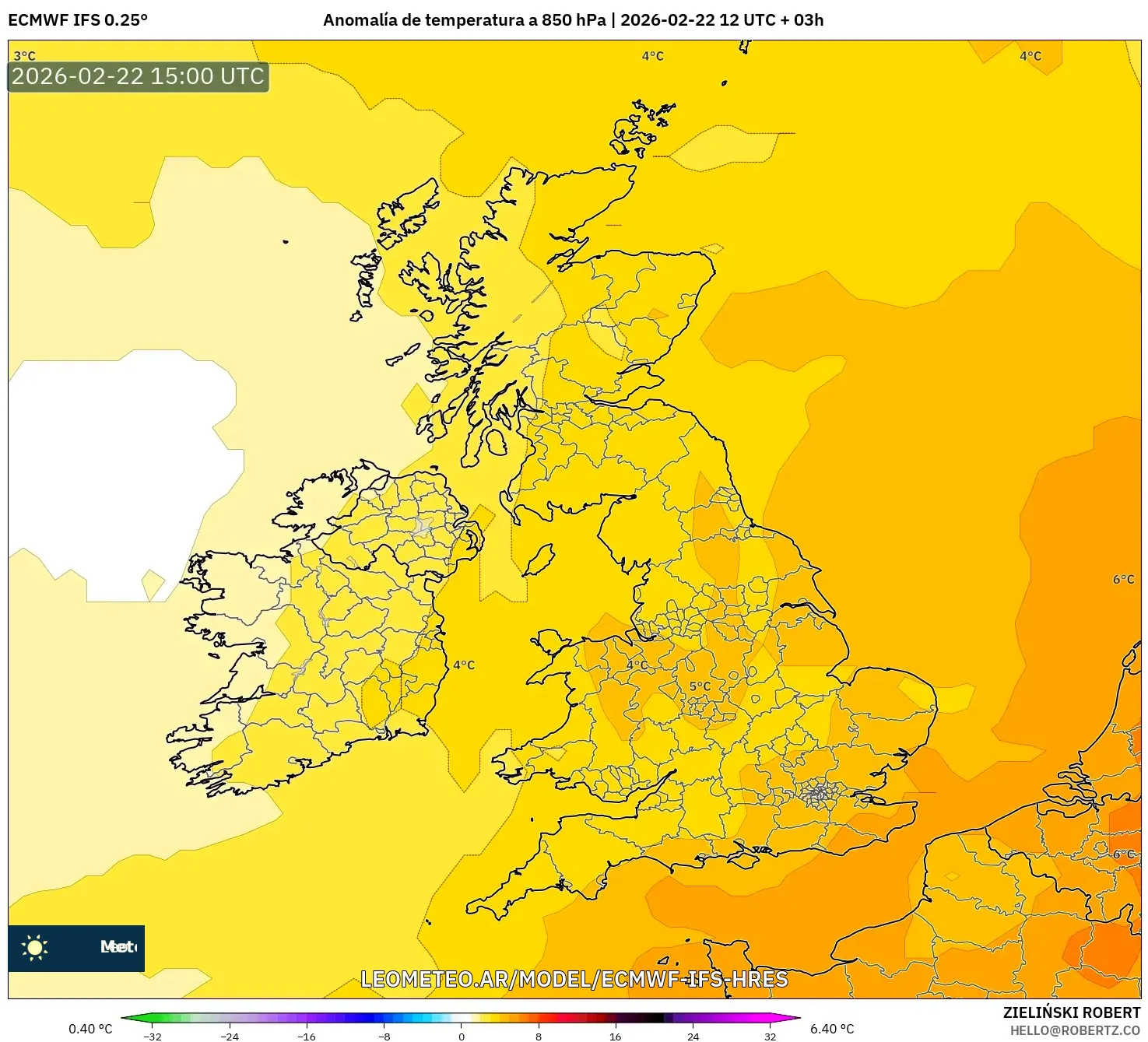 ECMWF IFS 0.25° model - Wielka Brytania, Anomalia temperatury na 850 hPa