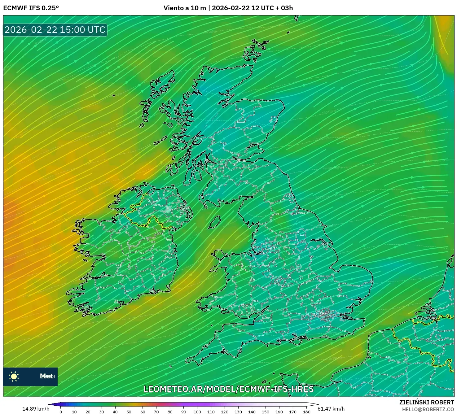ECMWF IFS 0.25° model - Wielka Brytania, Wiatr na 10 m