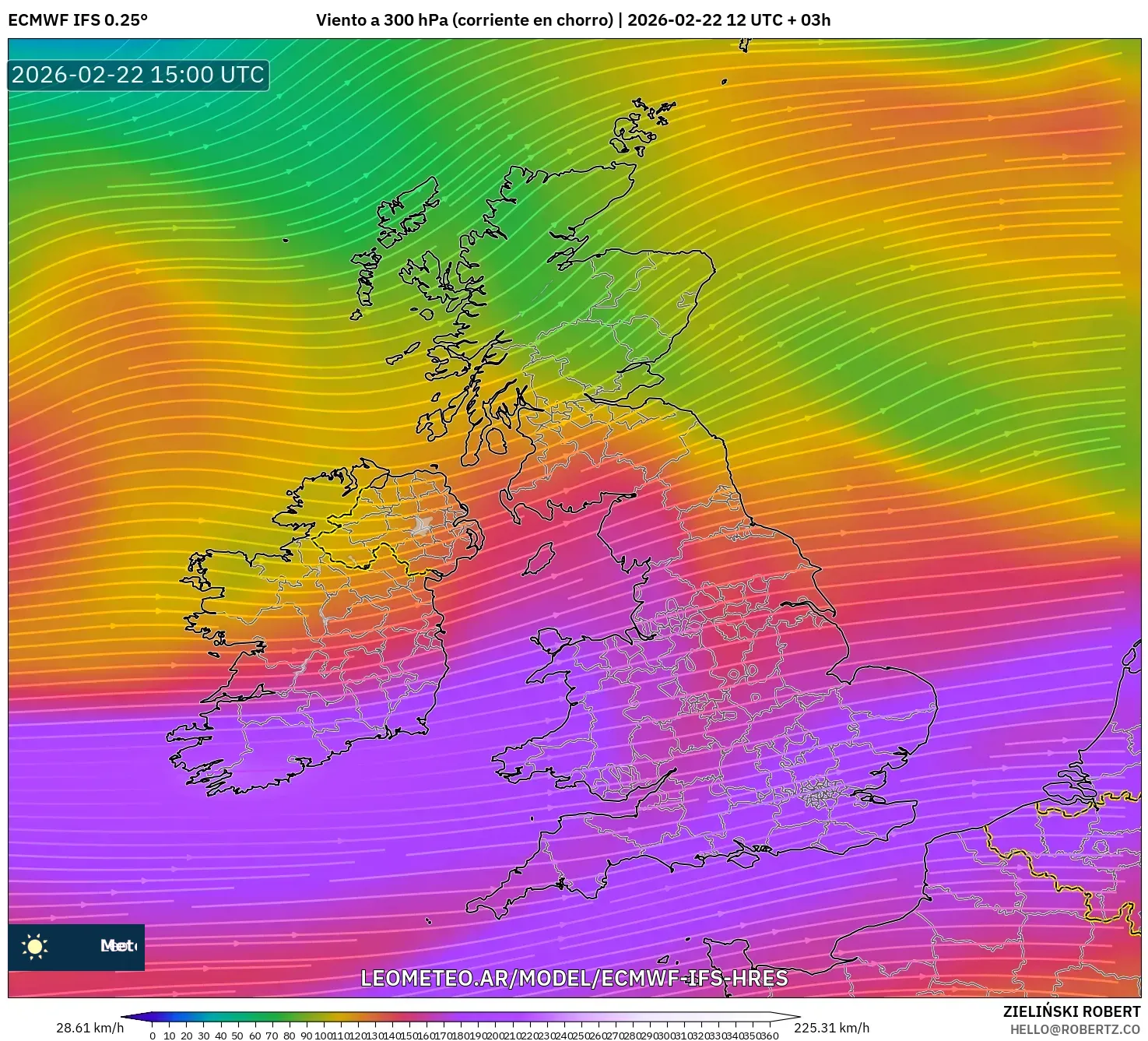 ECMWF IFS 0.25° model - Wielka Brytania, Wiatr na 300 hPa (prąd strumieniowy)