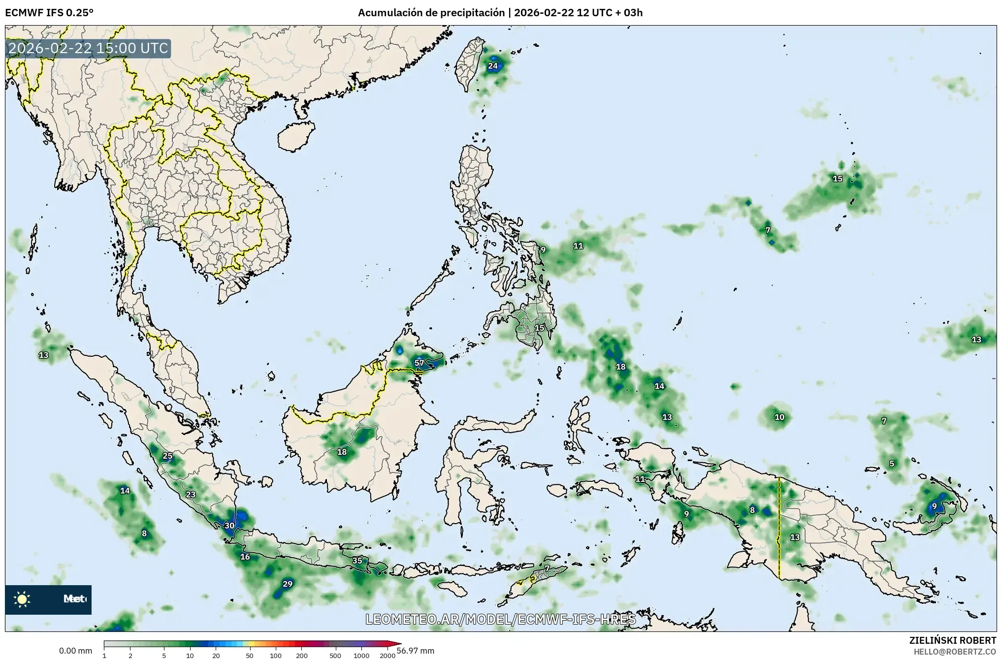 ECMWF IFS 0.25° model - Azja Południowo-Wschodnia, Suma opadów