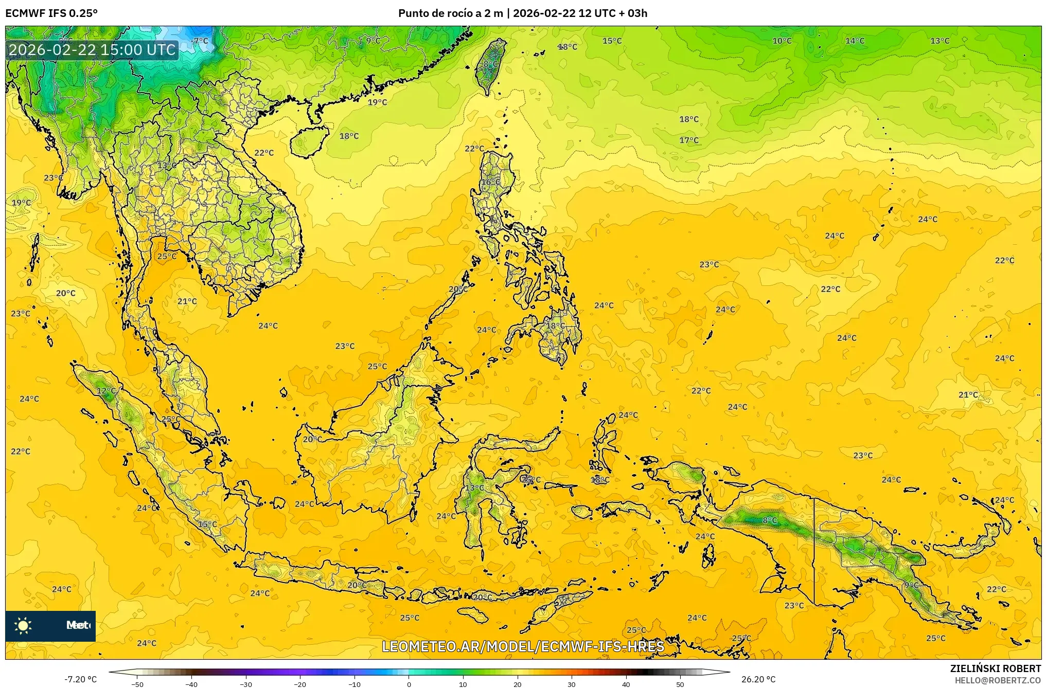 ECMWF IFS 0.25° model - Azja Południowo-Wschodnia, Punkt rosy na 2 m