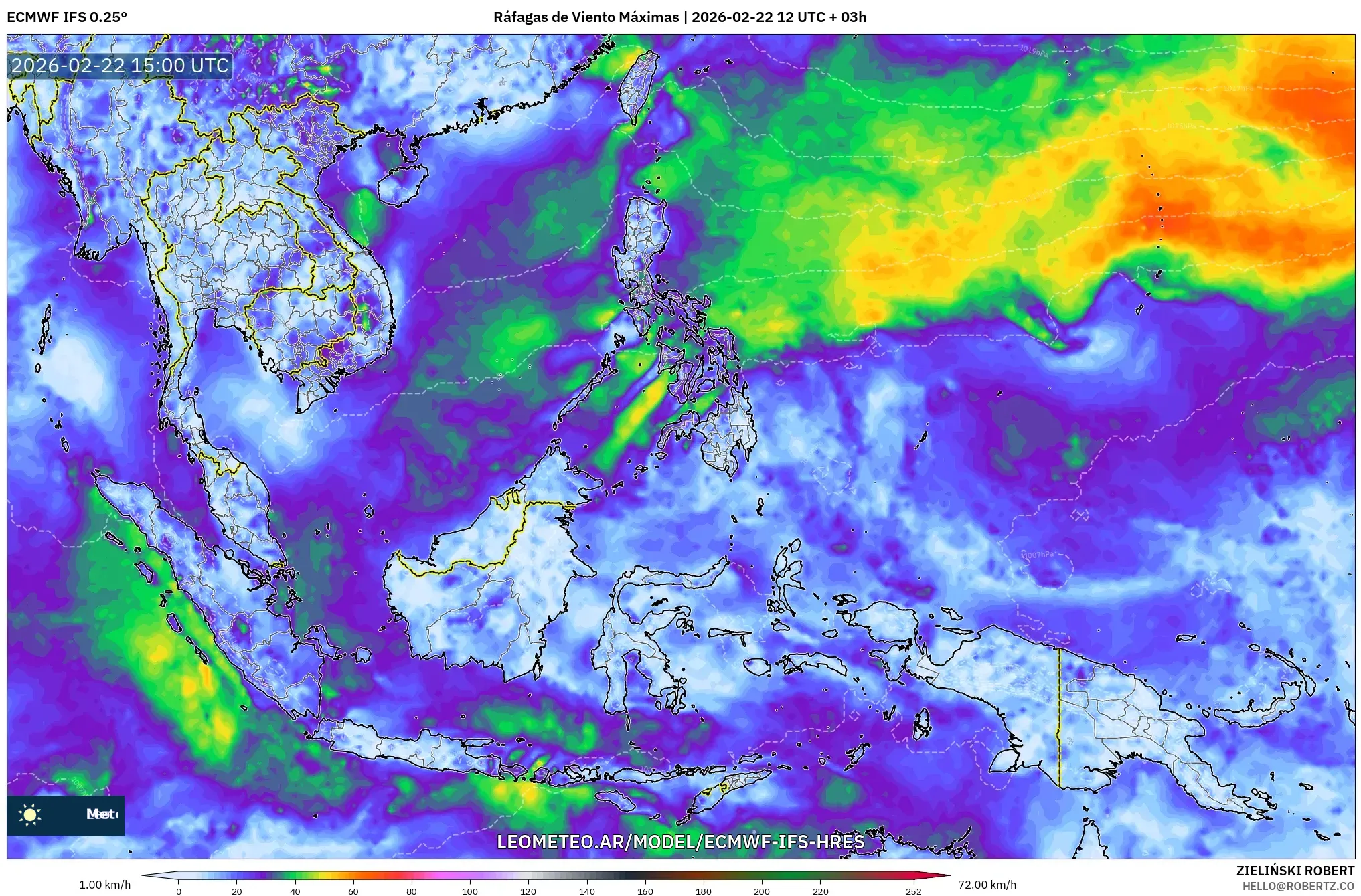 ECMWF IFS 0.25° model - Azja Południowo-Wschodnia, Maksymalne Porywy Wiatru