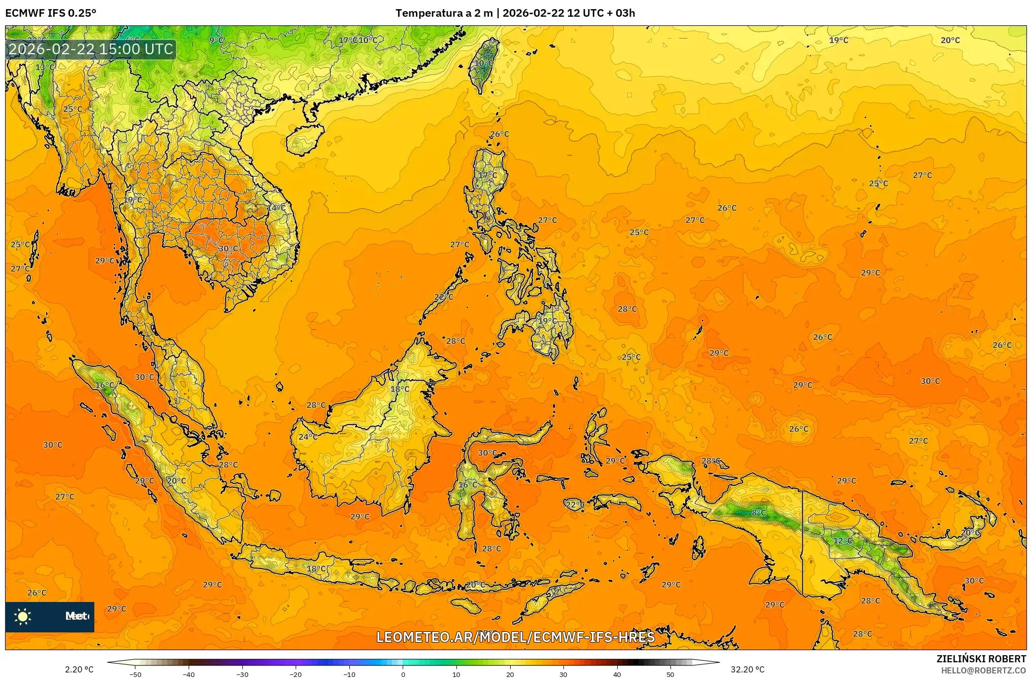 ECMWF IFS 0.25° model - Azja Południowo-Wschodnia, Temperatura na 2 m