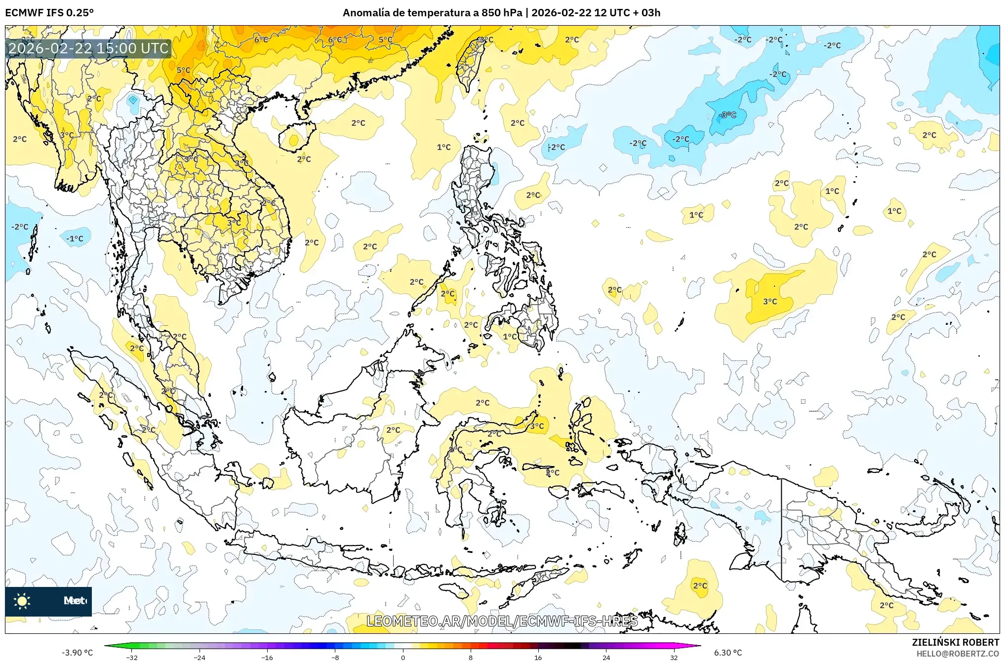 ECMWF IFS 0.25° model - Azja Południowo-Wschodnia, Anomalia temperatury na 850 hPa