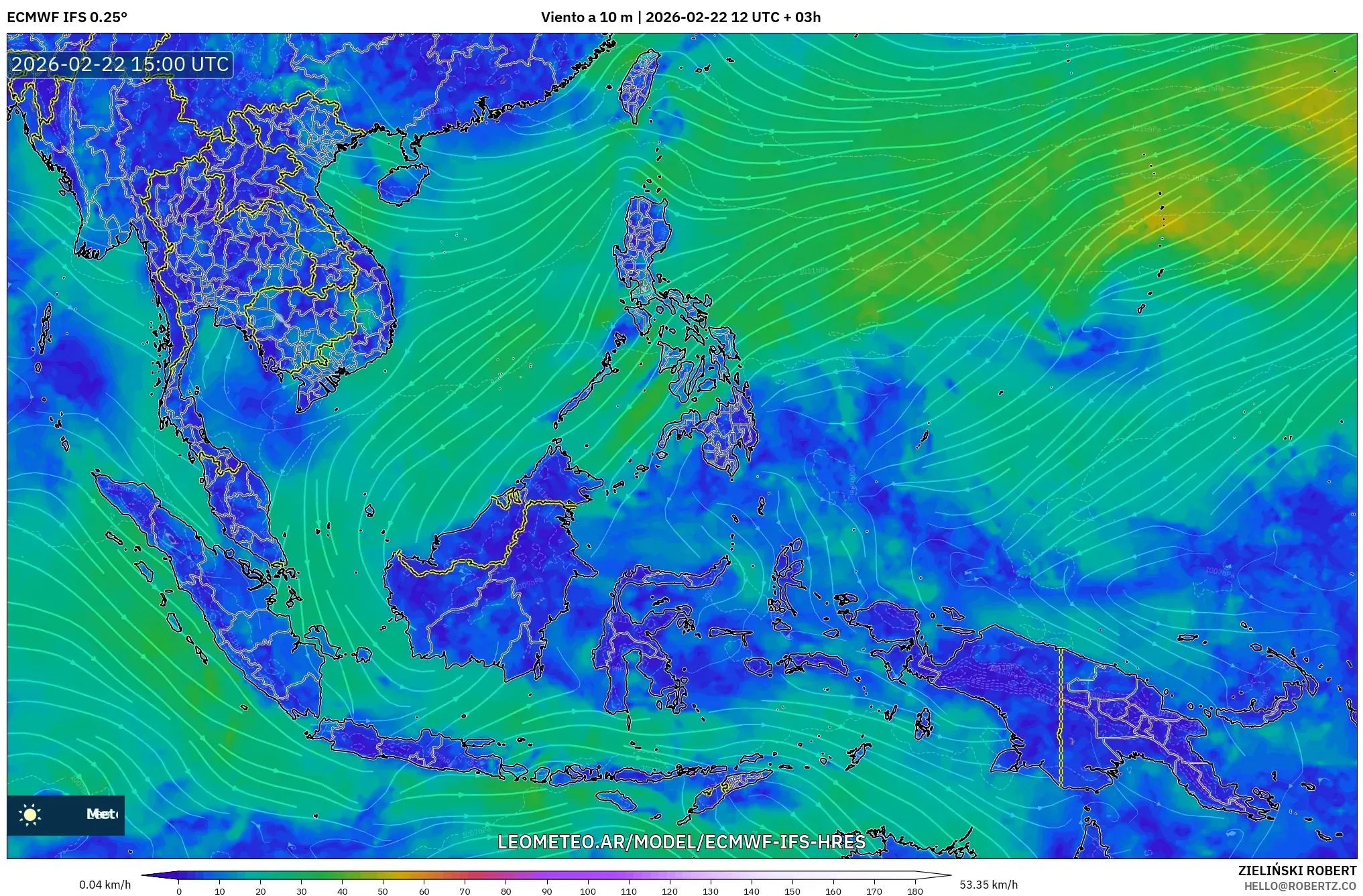 ECMWF IFS 0.25° model - Azja Południowo-Wschodnia, Wiatr na 10 m