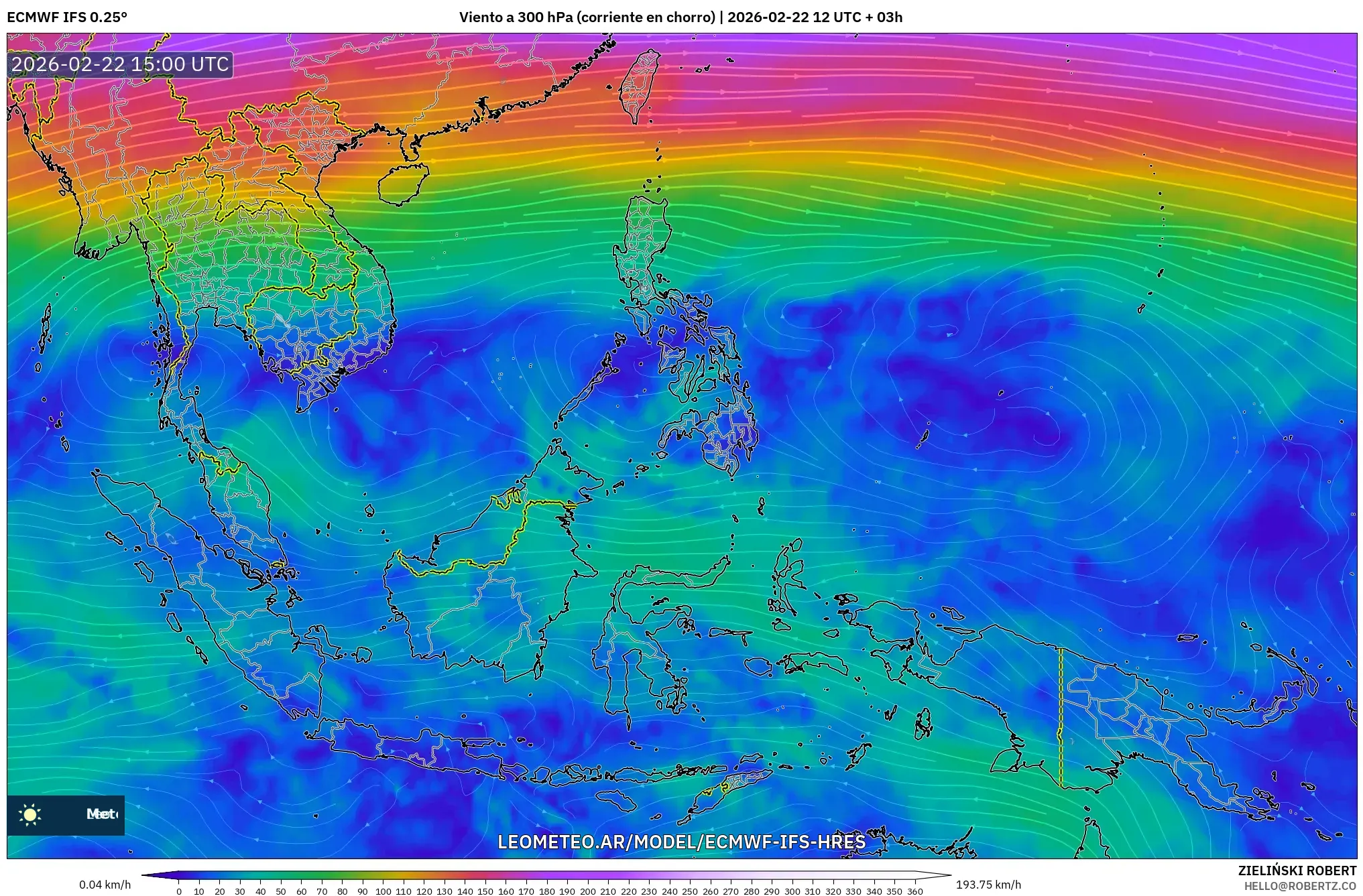 ECMWF IFS 0.25° model - Azja Południowo-Wschodnia, Wiatr na 300 hPa (prąd strumieniowy)