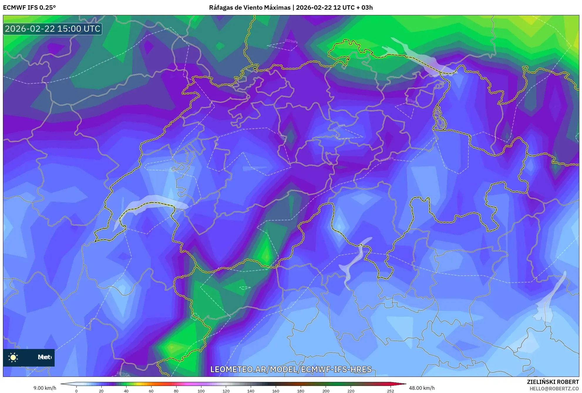 ECMWF IFS 0.25° model - Szwajcaria, Maksymalne Porywy Wiatru