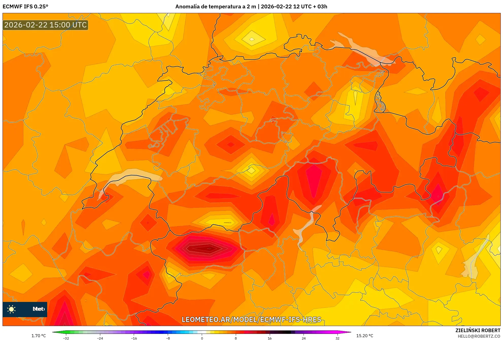 ECMWF IFS 0.25° model - Szwajcaria, Anomalia temperatury na 2 m