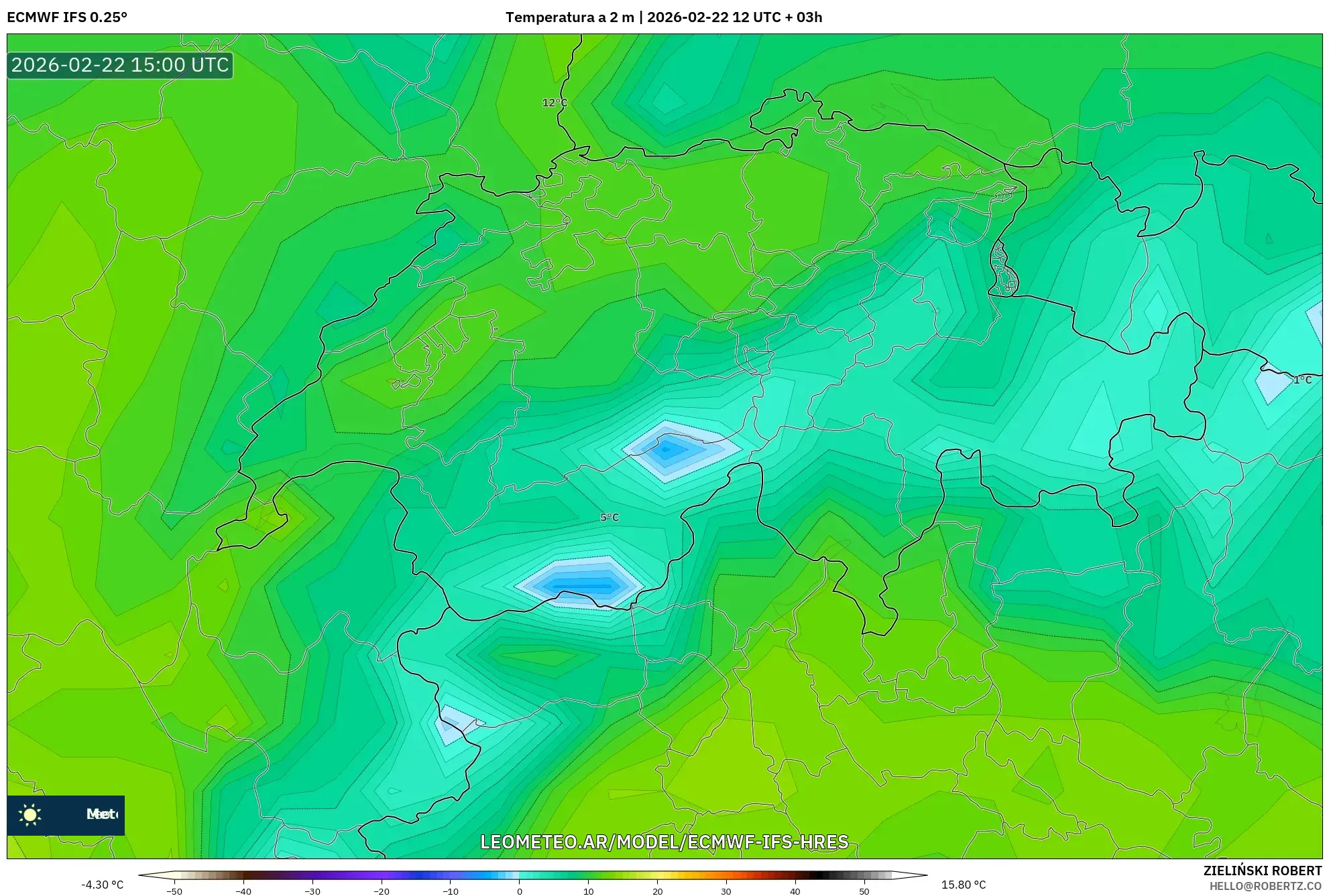 ECMWF IFS 0.25° model - Szwajcaria, Temperatura na 2 m