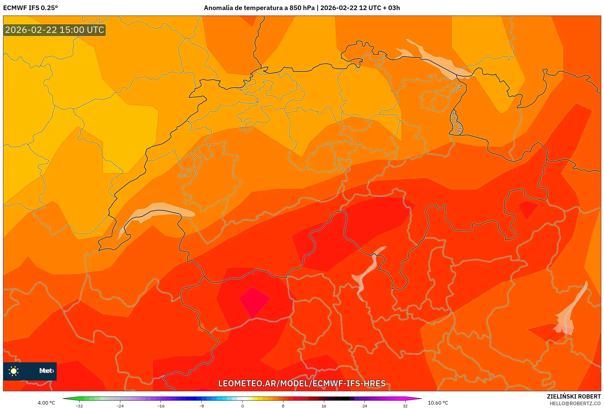 ECMWF IFS 0.25° model - Szwajcaria, Anomalia temperatury na 850 hPa